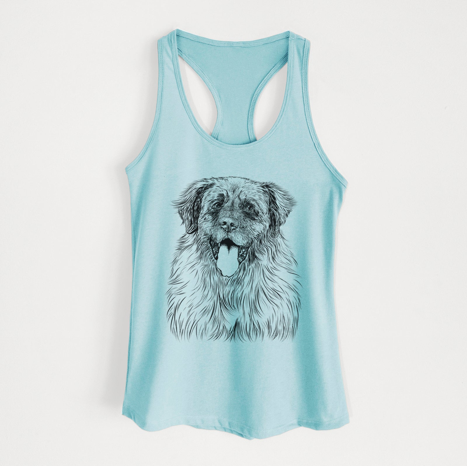 Hand-drawn sketch of Bamboo the Leonberger on a Cancun Blue Women's racerback tanktop