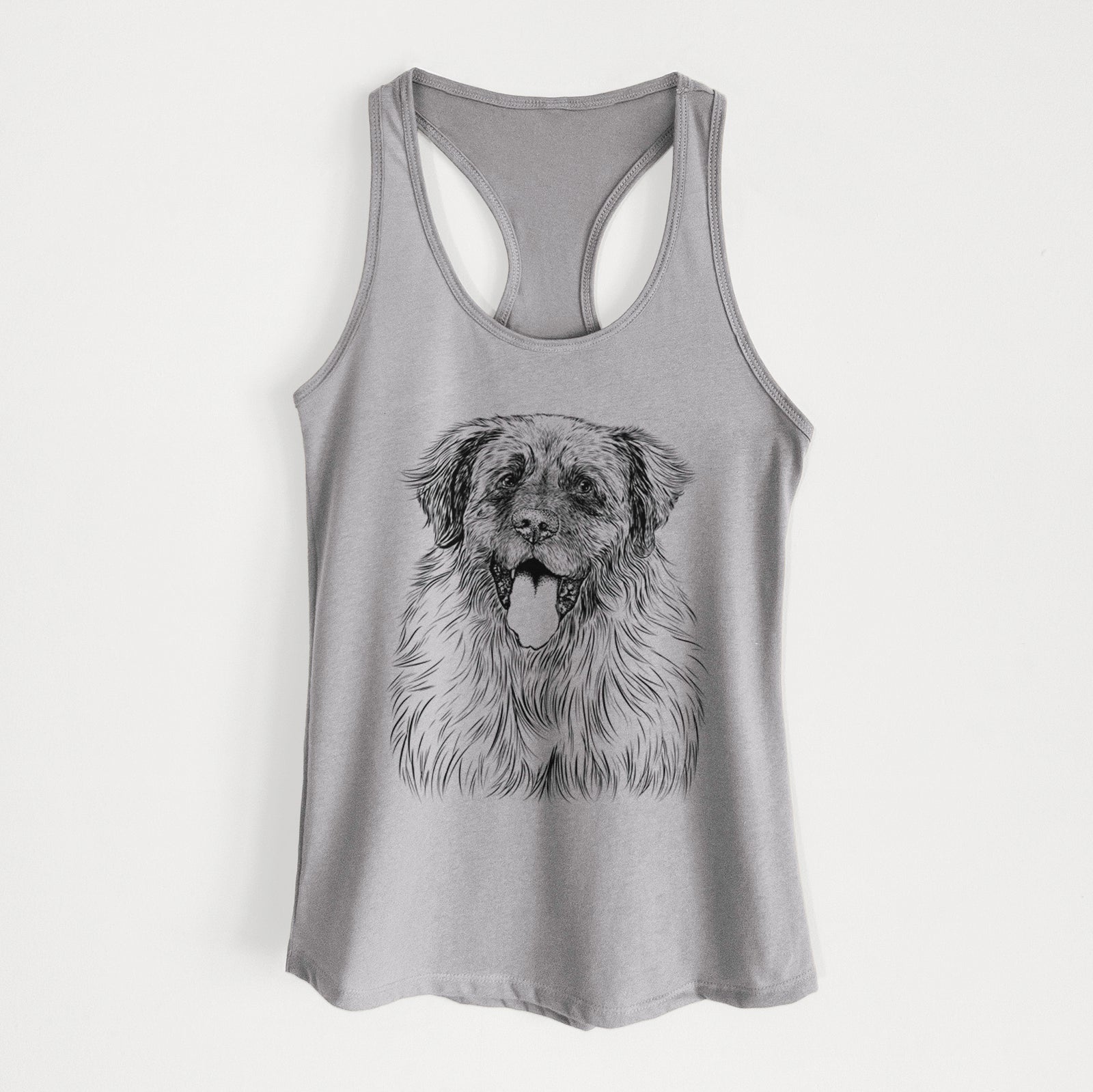 Hand-drawn sketch of Bamboo the Leonberger on a Heather Grey Women's racerback tanktop