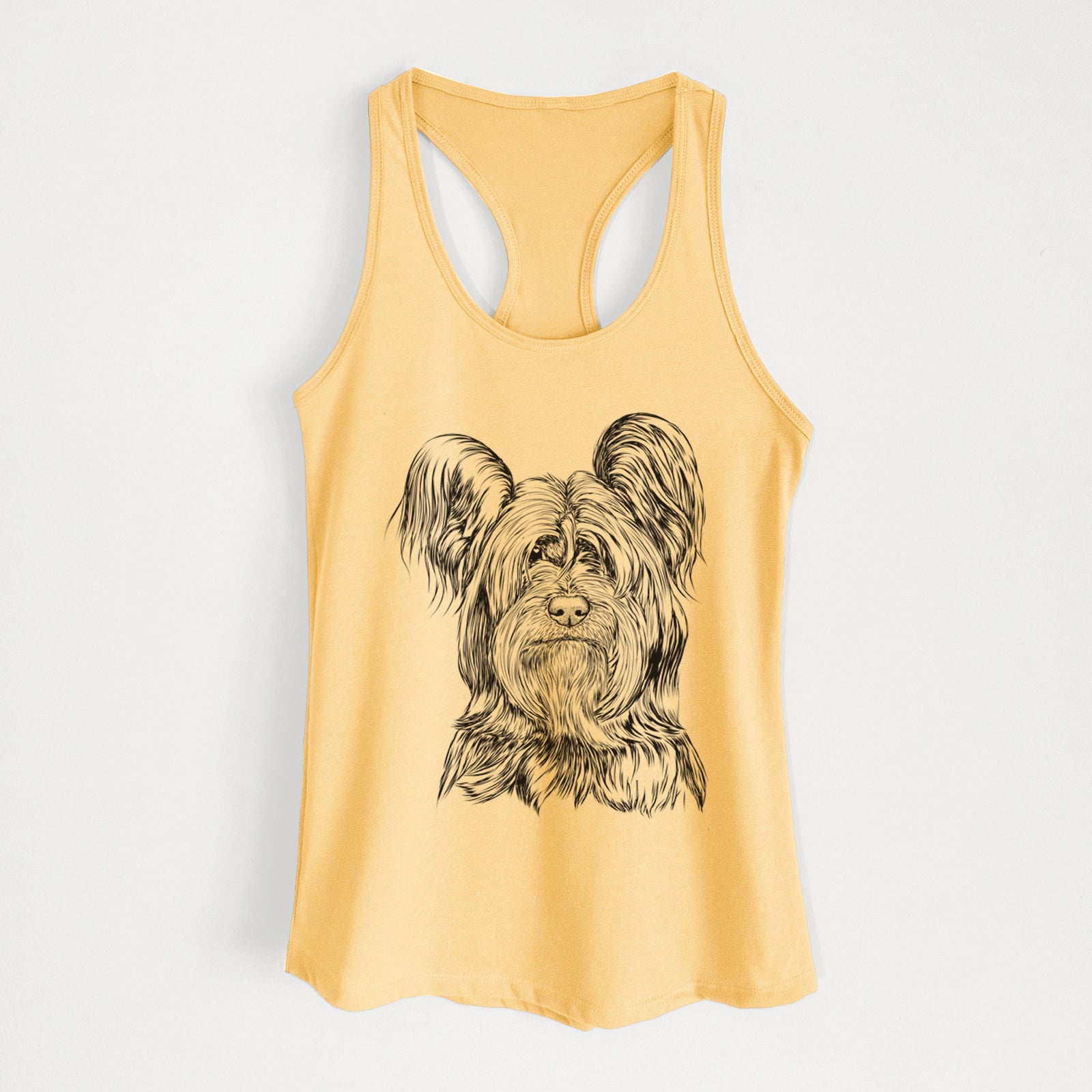 Hand-drawn sketch of Bandit the Skye Terrier on a Banana Cream Women's racerback tanktop