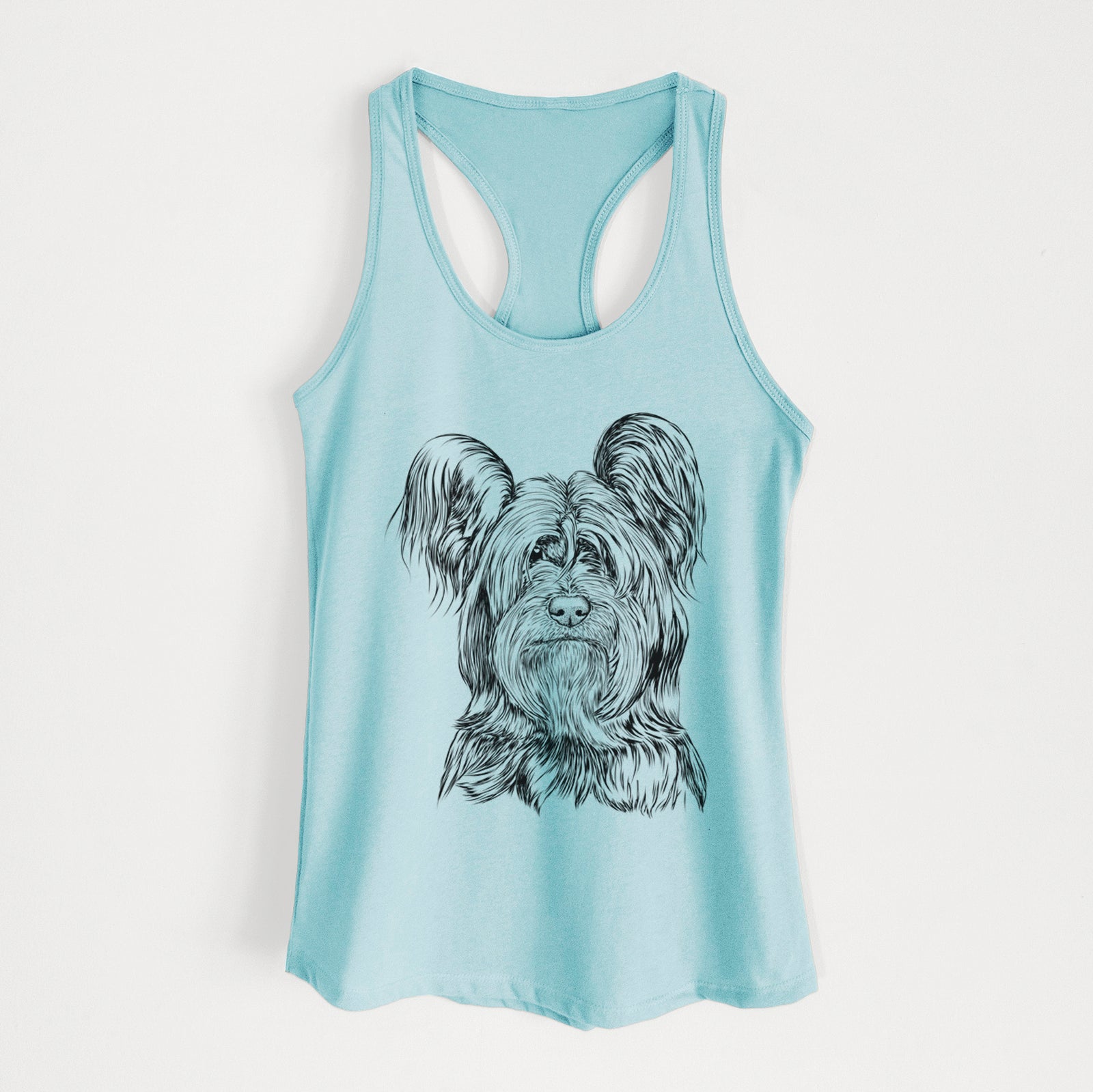 Hand-drawn sketch of Bandit the Skye Terrier on a Cancun Blue Women's racerback tanktop