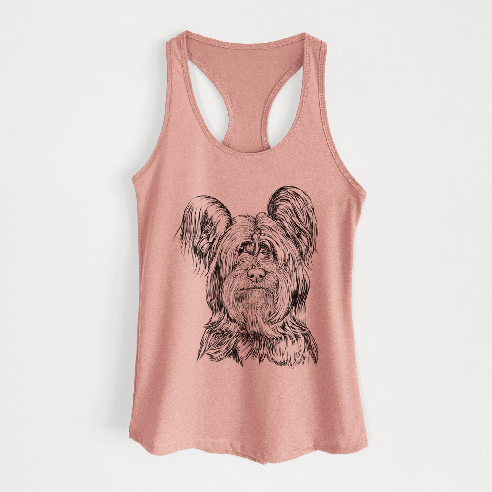 Hand-drawn sketch of Bandit the Skye Terrier on a Desert Pink Women's racerback tanktop