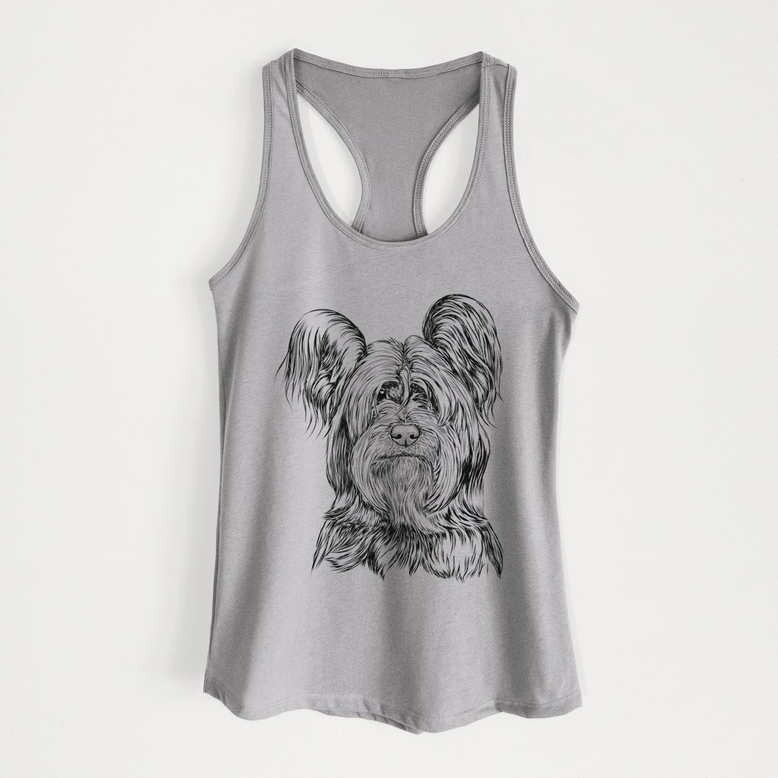 Hand-drawn sketch of Bandit the Skye Terrier on a Heather Grey Women's racerback tanktop