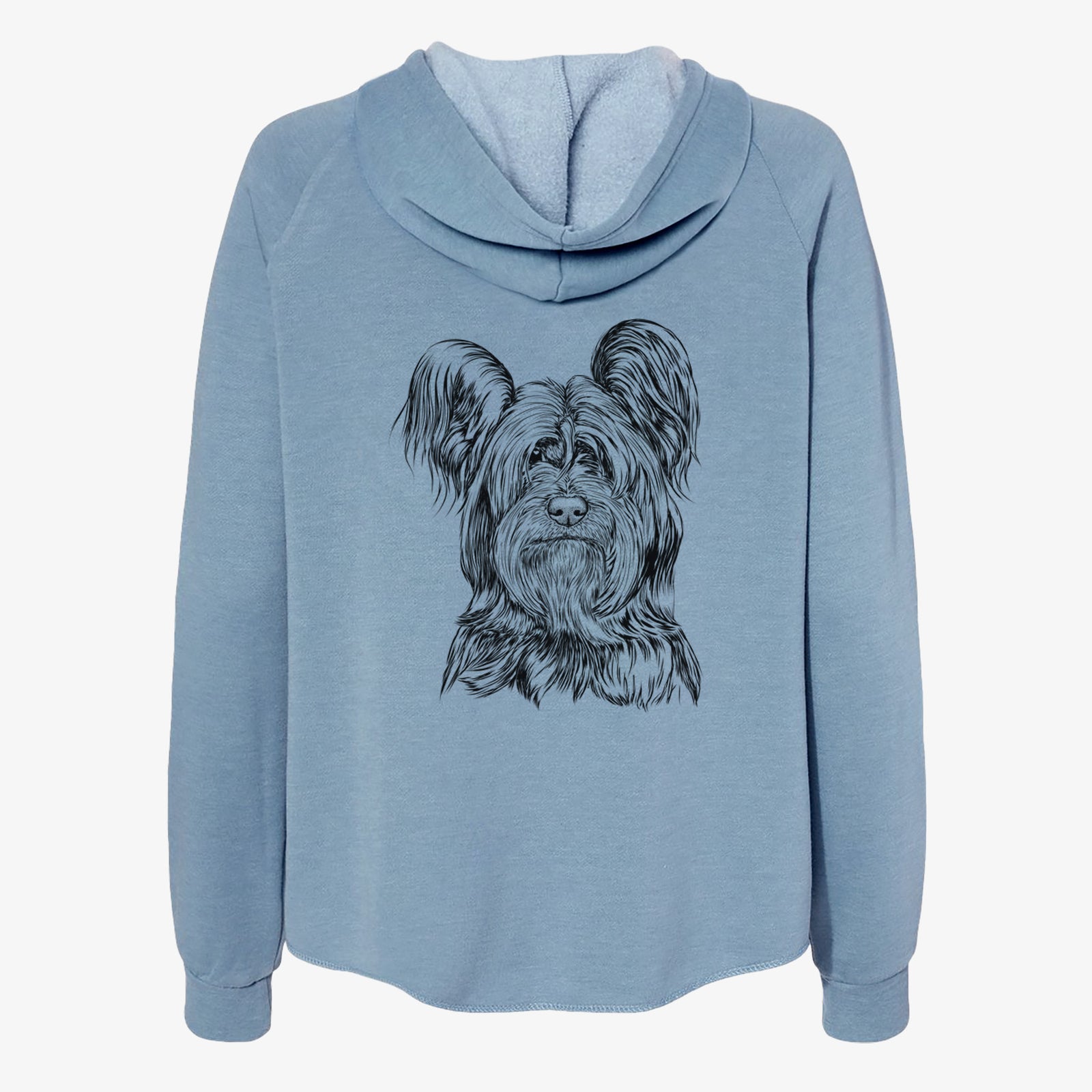 Hand-drawn sketch of Bandit the Skye Terrier on a Misty Blue Women's cali wave zip-up sweatshirt