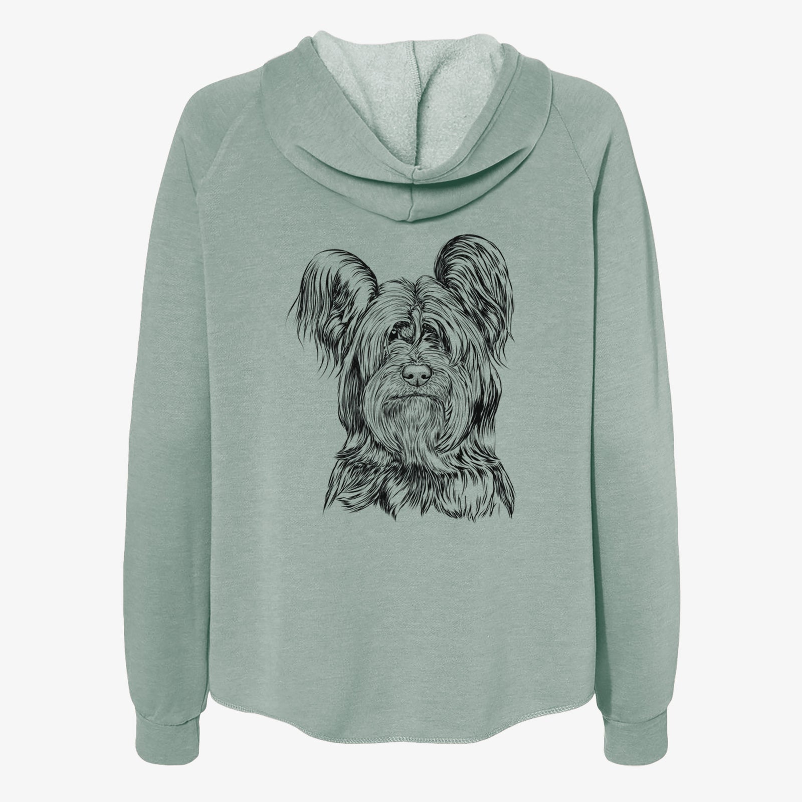 Hand-drawn sketch of Bandit the Skye Terrier on a Sage Women's cali wave zip-up sweatshirt