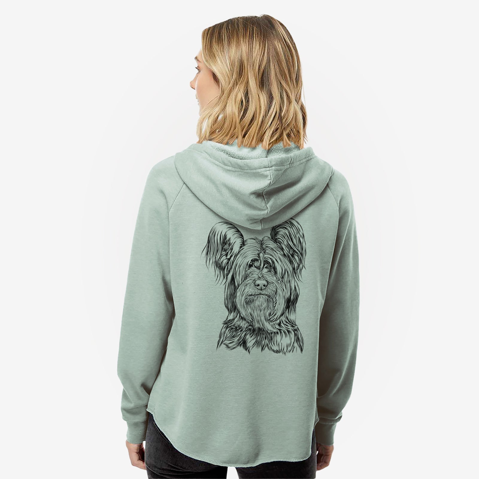 Hand-drawn sketch of Bandit the Skye Terrier on a Sage Women's cali wave zip-up sweatshirt