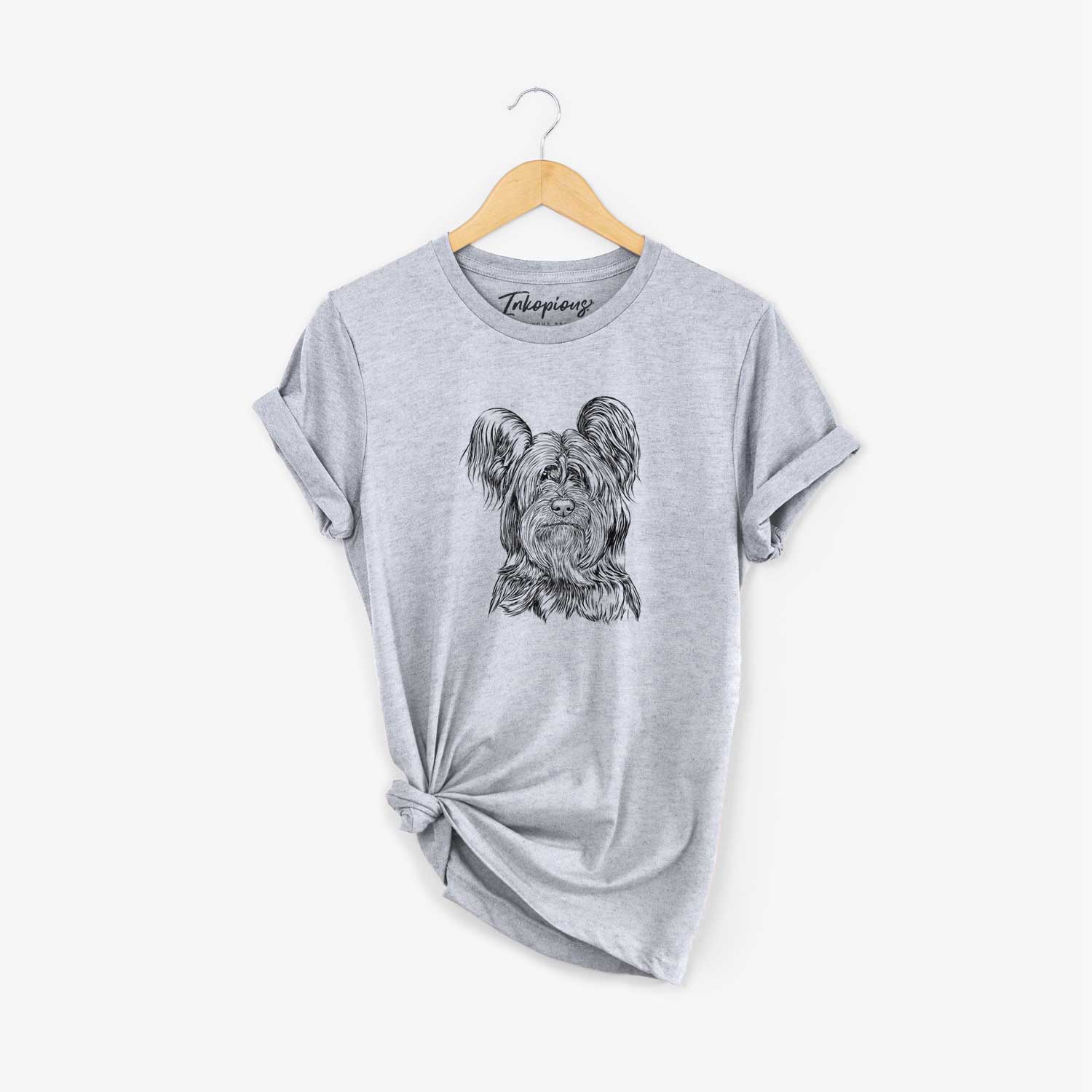 Hand-drawn sketch of Bandit the Skye Terrier on a Grey Unisex crewneck