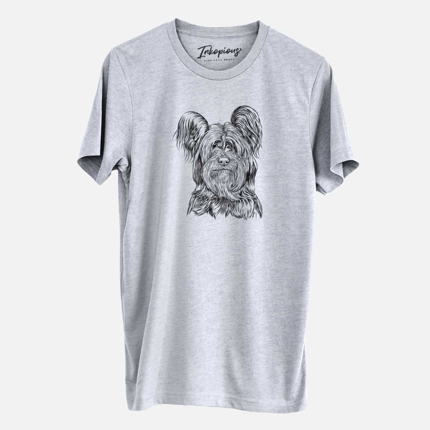 Hand-drawn sketch of Bandit the Skye Terrier on a Grey Unisex crewneck
