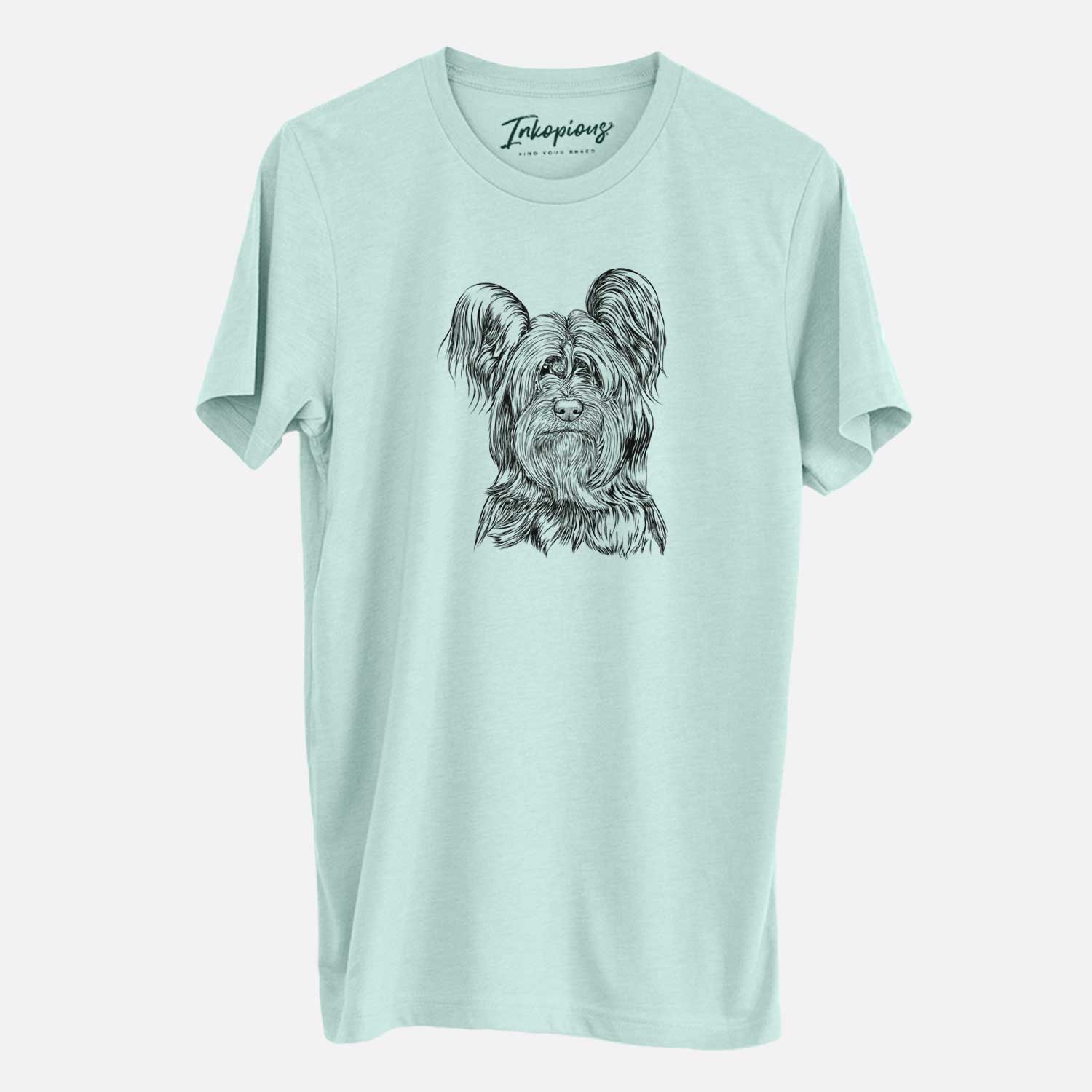 Hand-drawn sketch of Bandit the Skye Terrier on a Heather Sage Unisex crewneck