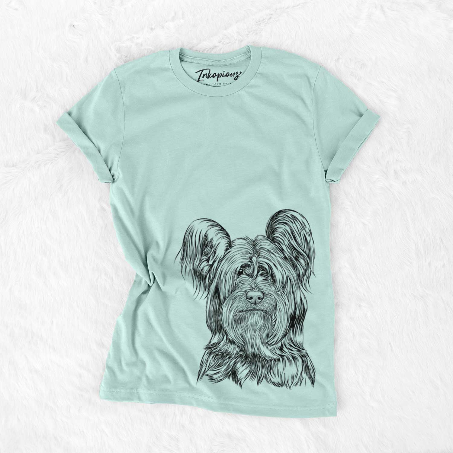 Hand-drawn sketch of Bandit the Skye Terrier on a Heather Sage Bella Canvas Unisex Crewneck
