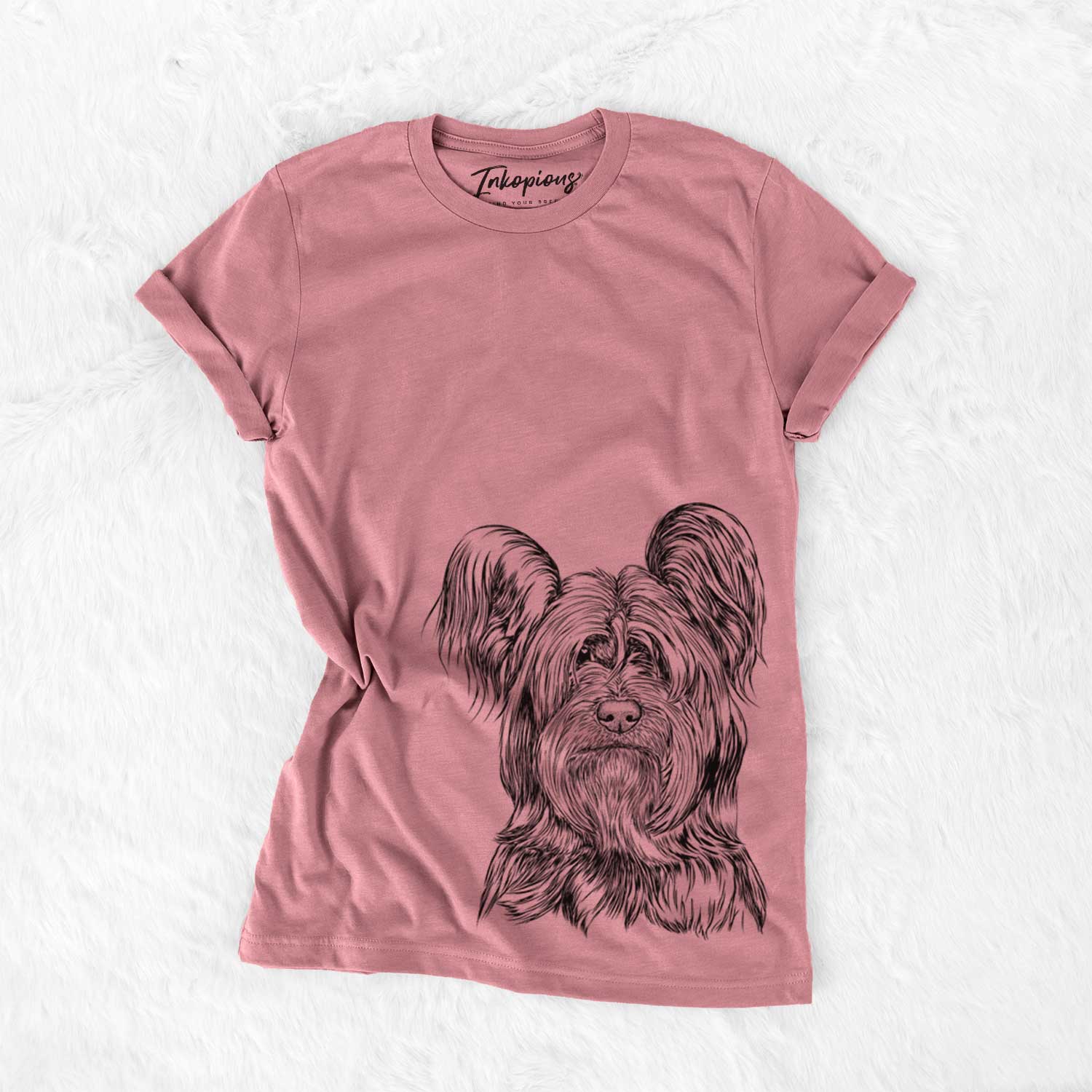 Hand-drawn sketch of Bandit the Skye Terrier on a Mauve Unisex crewneck