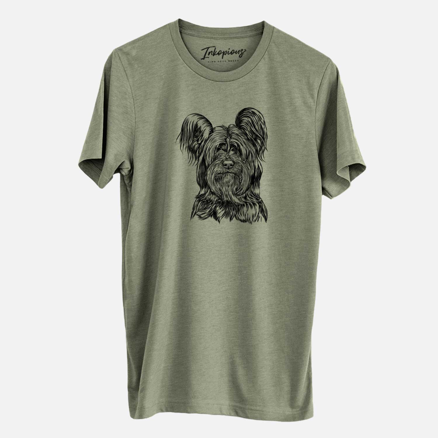 Hand-drawn sketch of Bandit the Skye Terrier on an Olive Unisex crewneck
