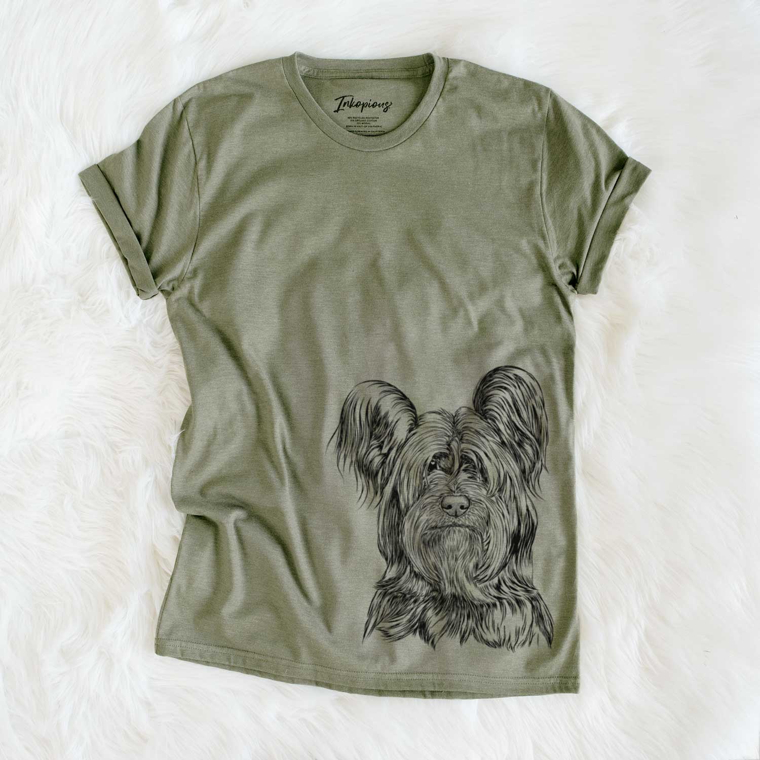 Hand-drawn sketch of Bandit the Skye Terrier on an Olive Unisex crewneck