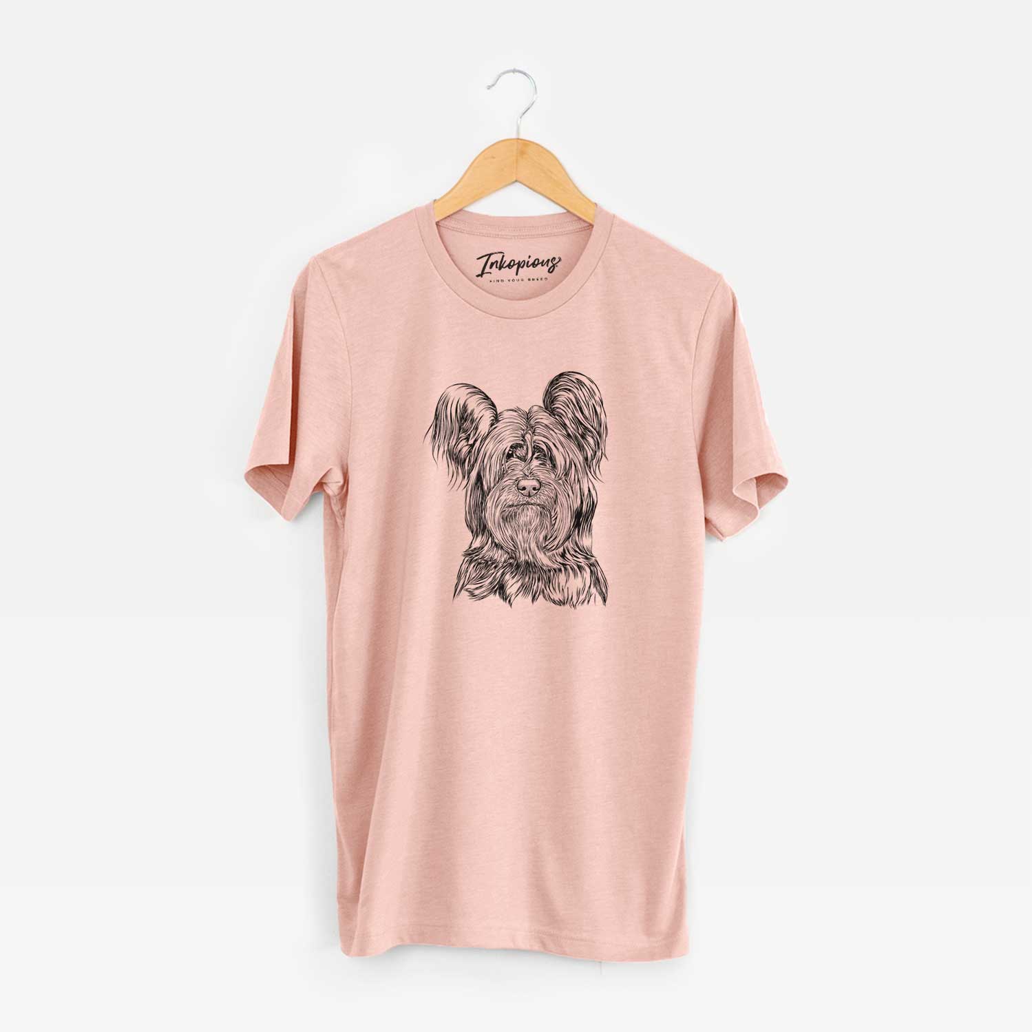 Hand-drawn sketch of Bandit the Skye Terrier on a Peach Unisex crewneck