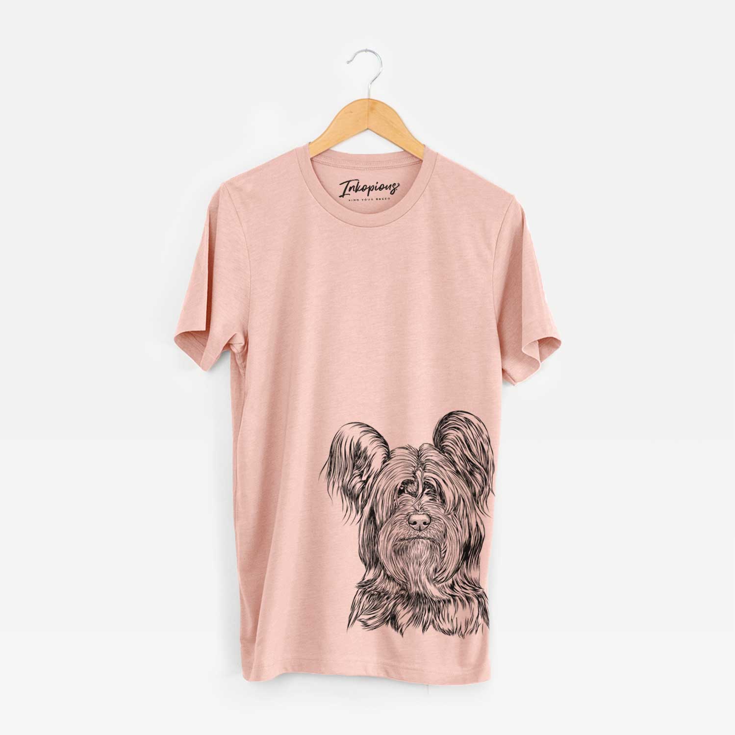 Hand-drawn sketch of Bandit the Skye Terrier on a Peach Unisex crewneck