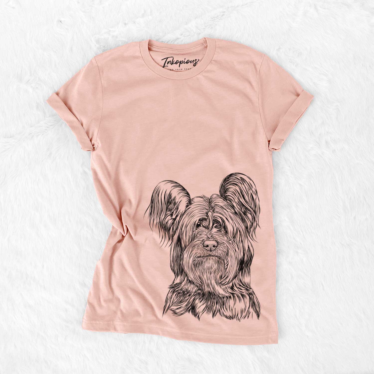 Hand-drawn sketch of Bandit the Skye Terrier on a Peach Bella Canvas Unisex Crewneck