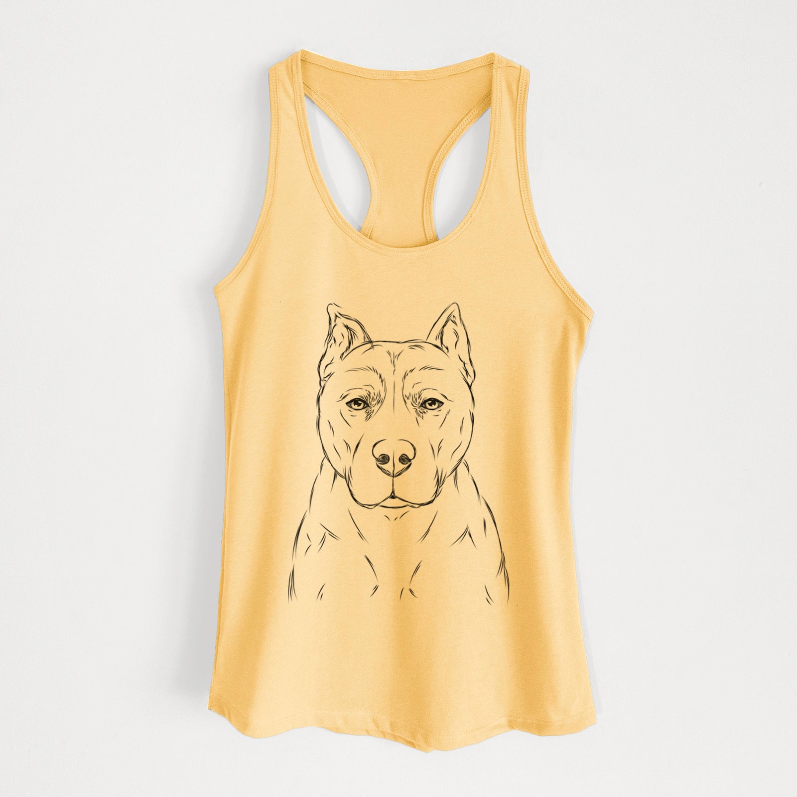 Hand-drawn sketch of Bane the Pitbull Mix on a Banana Cream Women's racerback tanktop