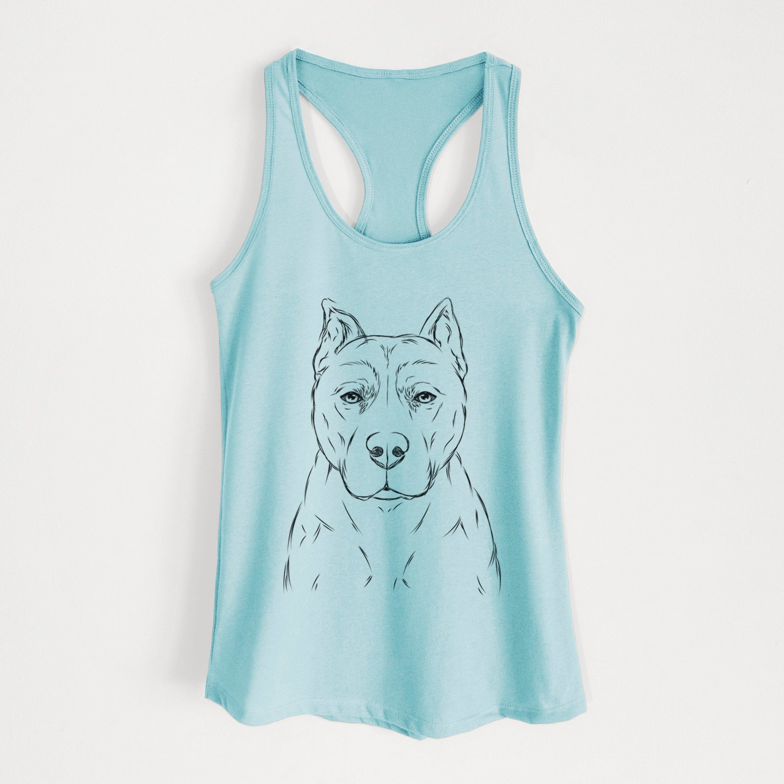 Hand-drawn sketch of Bane the Pitbull Mix on a Cancun Blue Women's racerback tanktop