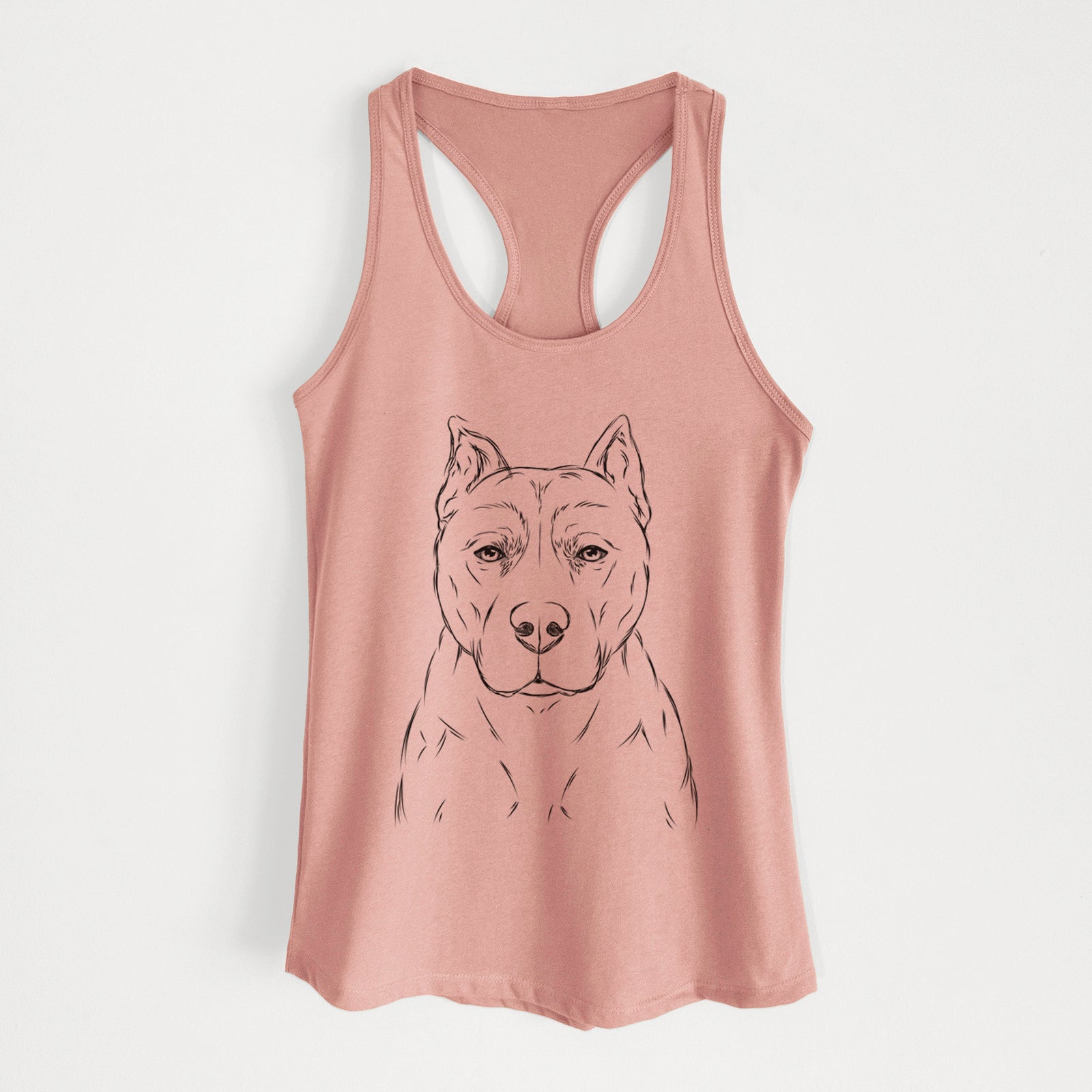 Hand-drawn sketch of Bane the Pitbull Mix on a Desert Pink Women's racerback tanktop