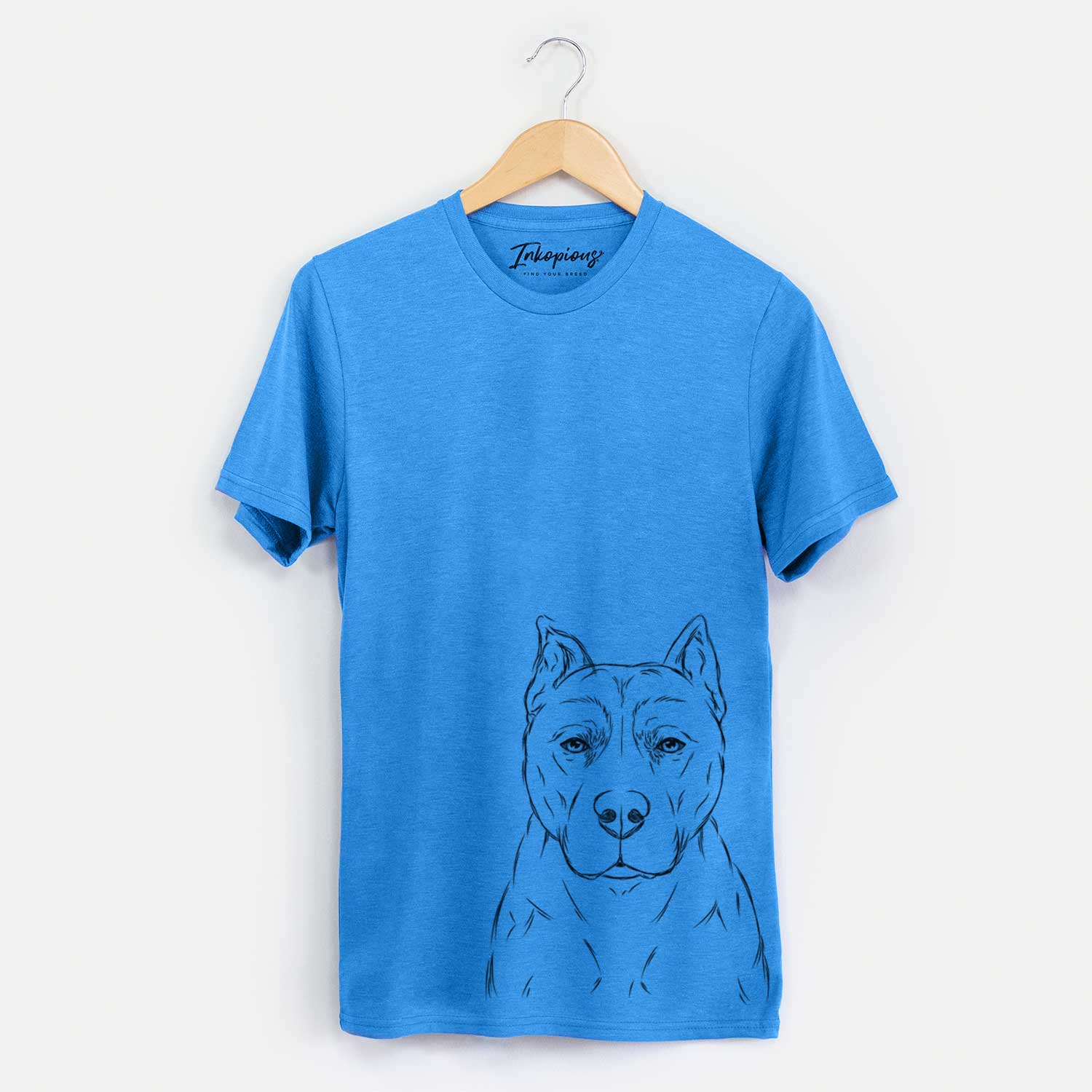 Hand-drawn sketch of Bane the Pitbull Mix on a Blue Unisex crewneck