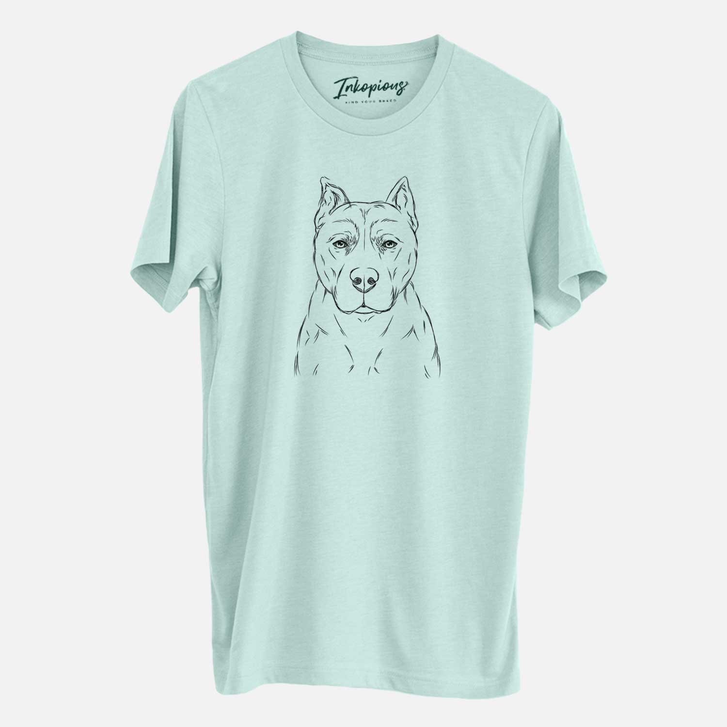 Hand-drawn sketch of Bane the Pitbull Mix on a Heather Sage Unisex crewneck
