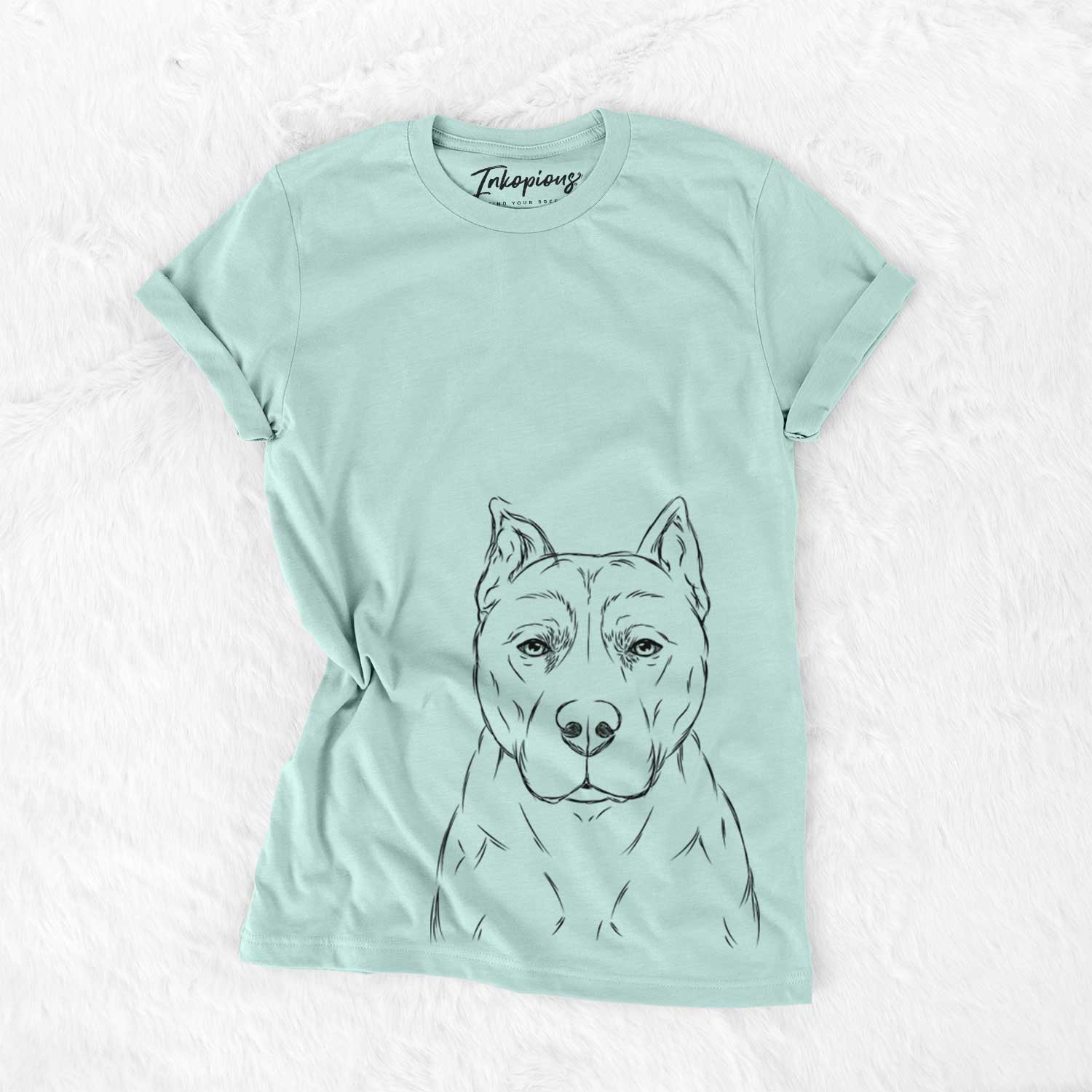 Hand-drawn sketch of Bane the Pitbull Mix on a Heather Sage Unisex crewneck