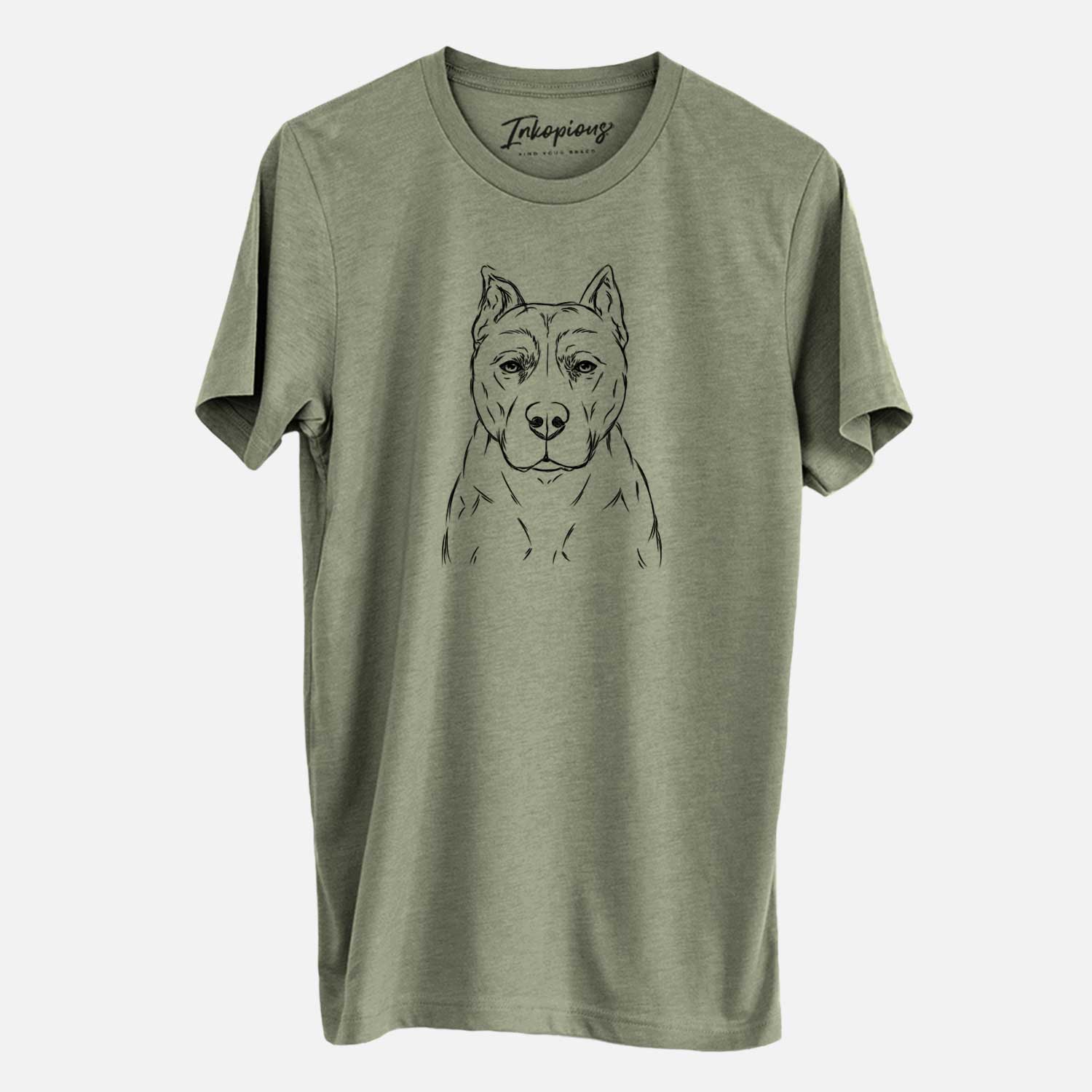 Hand-drawn sketch of Bane the Pitbull Mix on an Olive Unisex crewneck