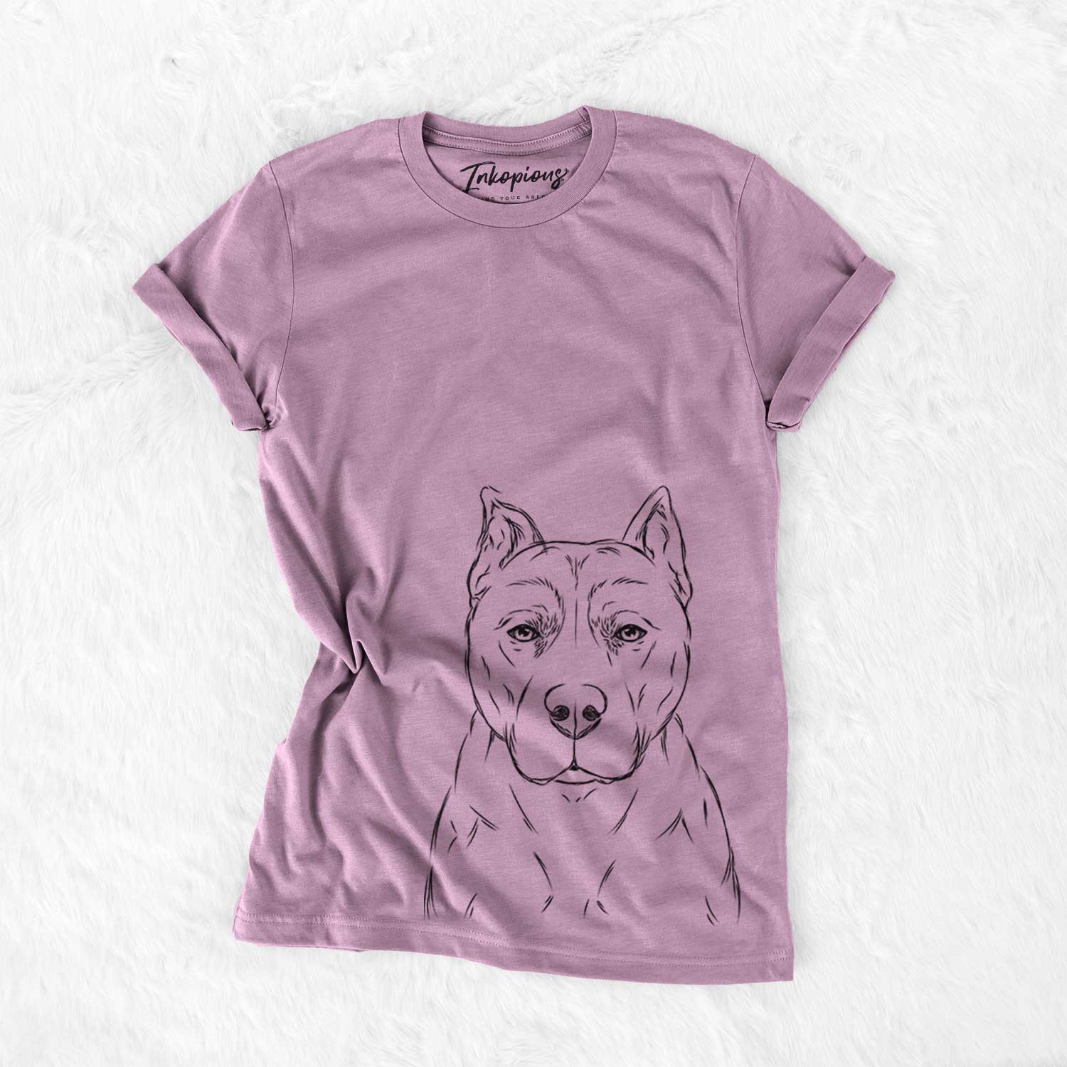 Hand-drawn sketch of Bane the Pitbull Mix on an Orchid Bella Canvas Unisex Crewneck