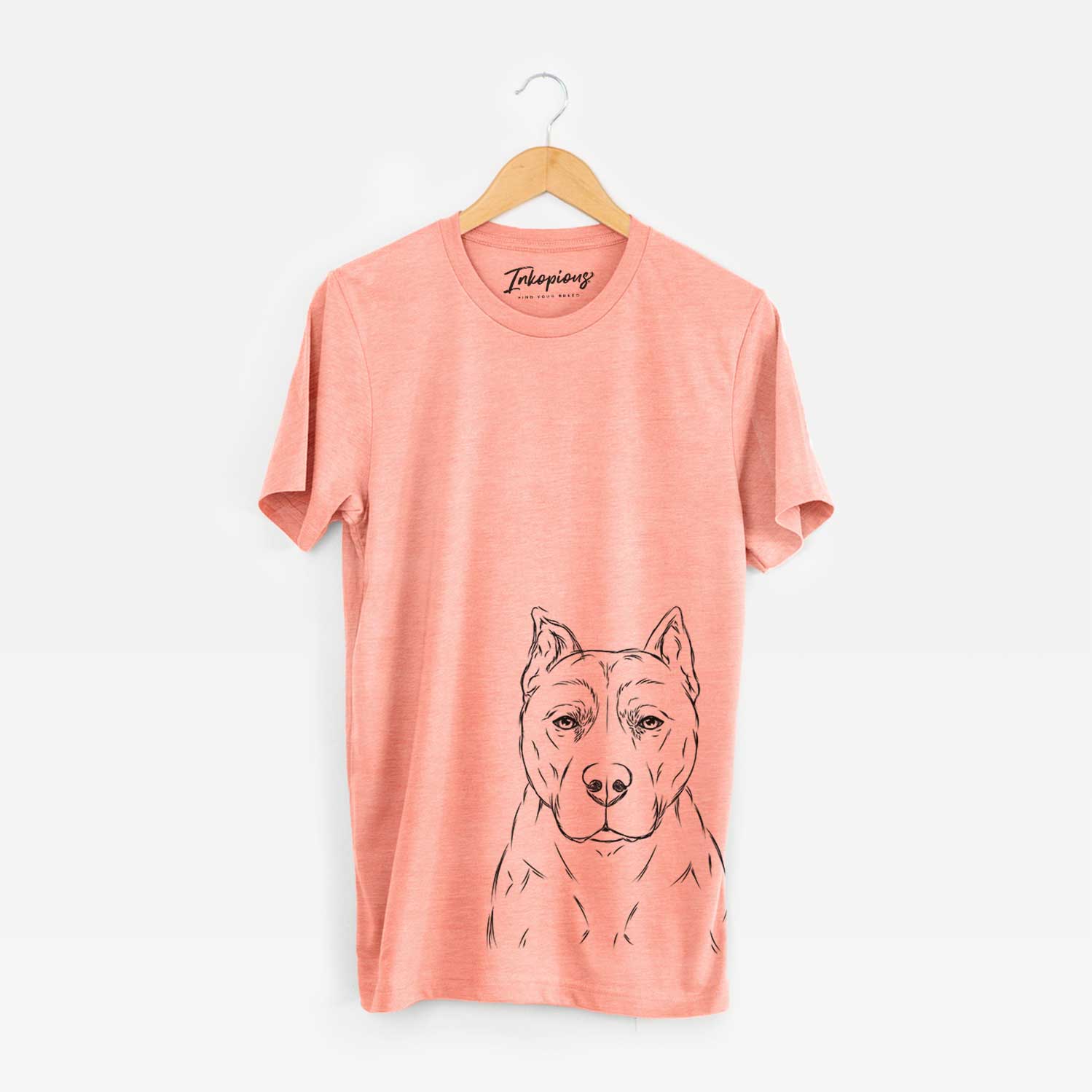 Hand-drawn sketch of Bane the Pitbull Mix on a Sunset Bella Canvas Unisex Crewneck