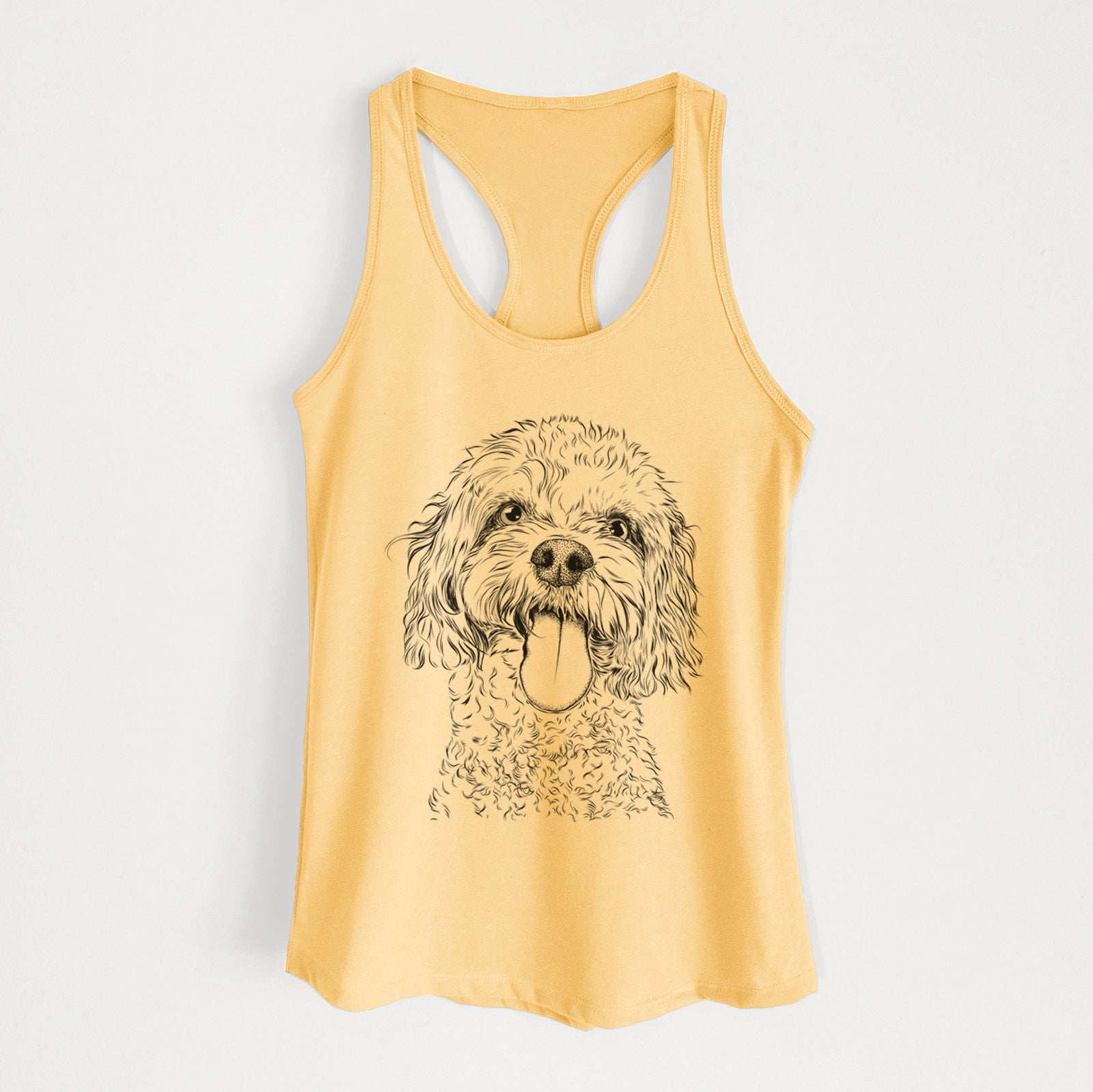 Hand-drawn sketch of Barney the Cavachon on a Banana Cream Women's racerback tanktop