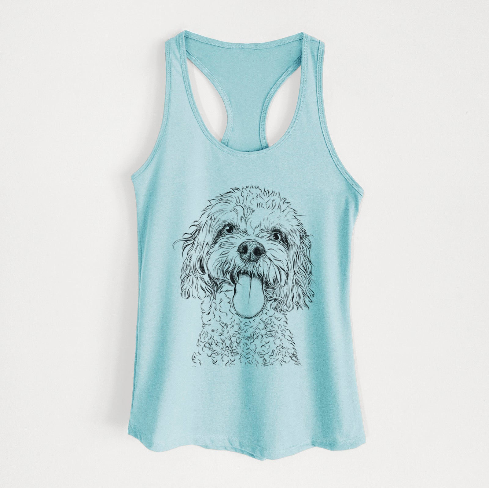 Hand-drawn sketch of Barney the Cavachon on a Cancun Blue Women's racerback tanktop