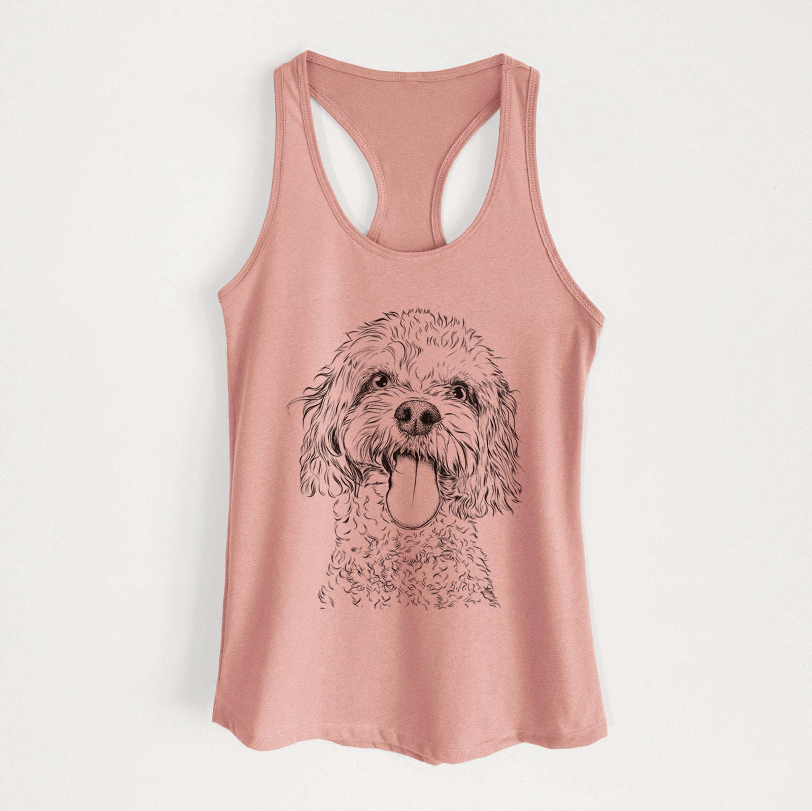 Hand-drawn sketch of Barney the Cavachon on a Desert Pink Women's racerback tanktop