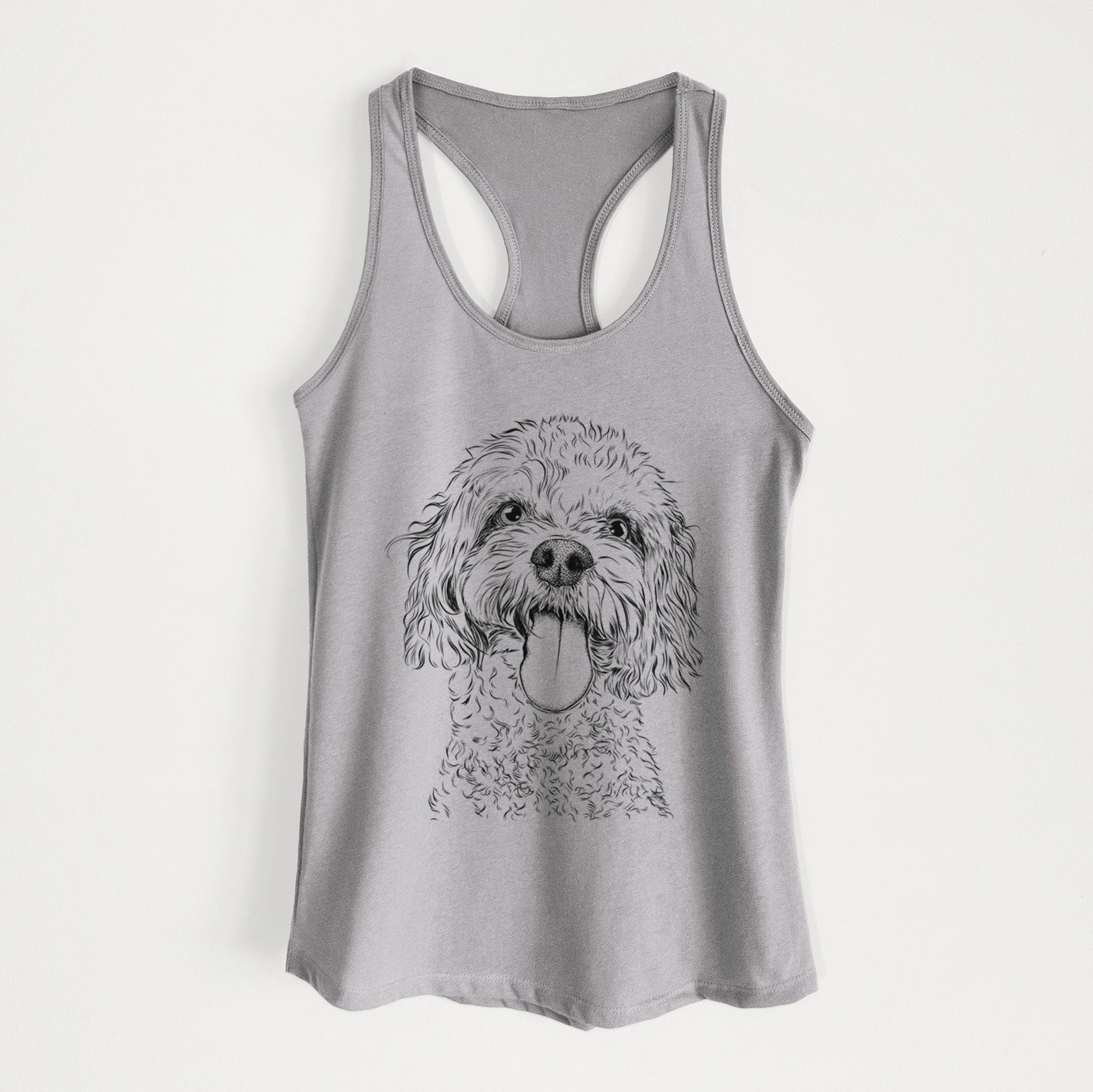 Hand-drawn sketch of Barney the Cavachon on a Heather Grey Women's racerback tanktop