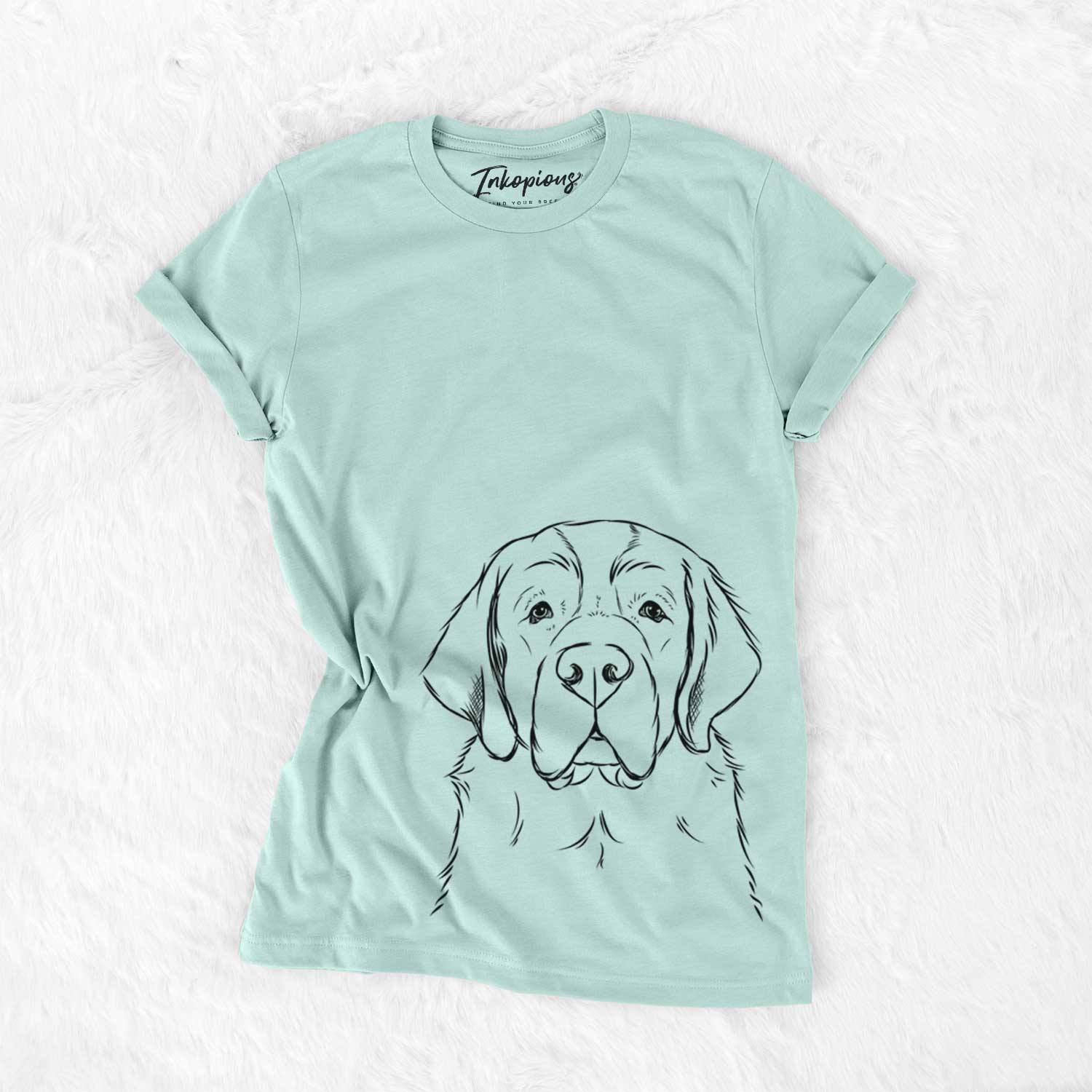 Hand-drawn sketch of Barry the Saint Bernard on a Heather Sage Bella Canvas Unisex Crewneck