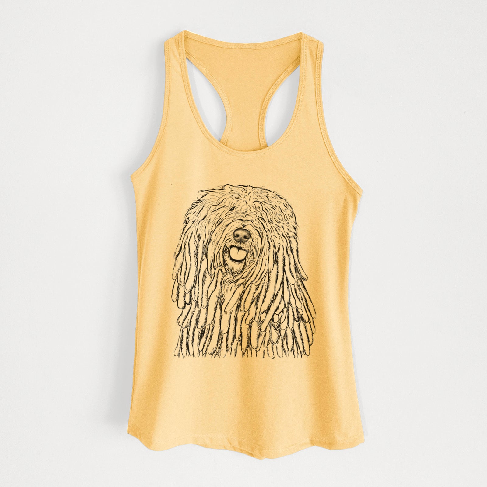 Hand-drawn sketch of Barry the Komondor on a Banana Cream Women's racerback tanktop
