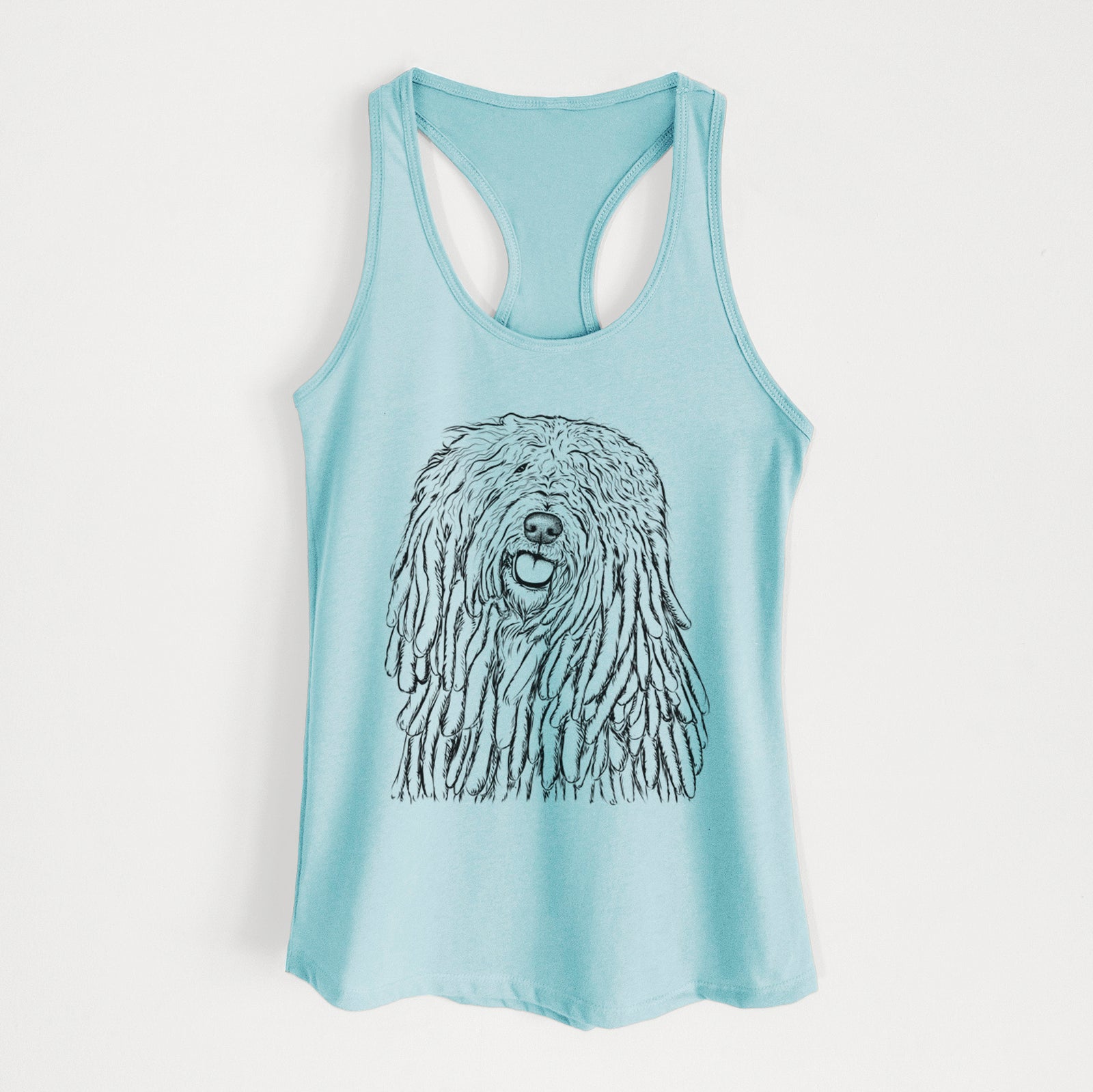 Hand-drawn sketch of Barry the Komondor on a Cancun Blue Women's racerback tanktop