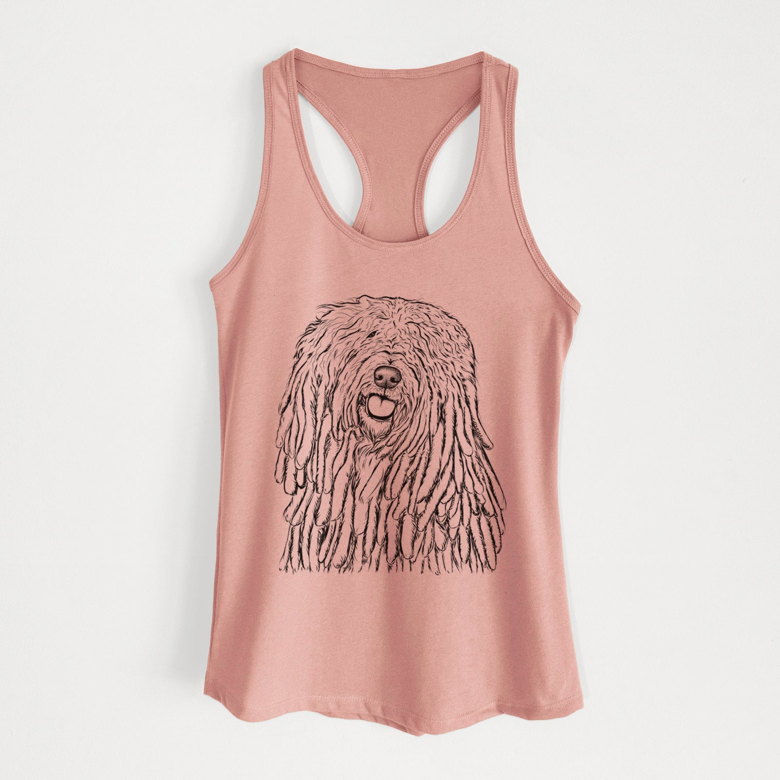 Hand-drawn sketch of Barry the Komondor on a Desert Pink Women's racerback tanktop