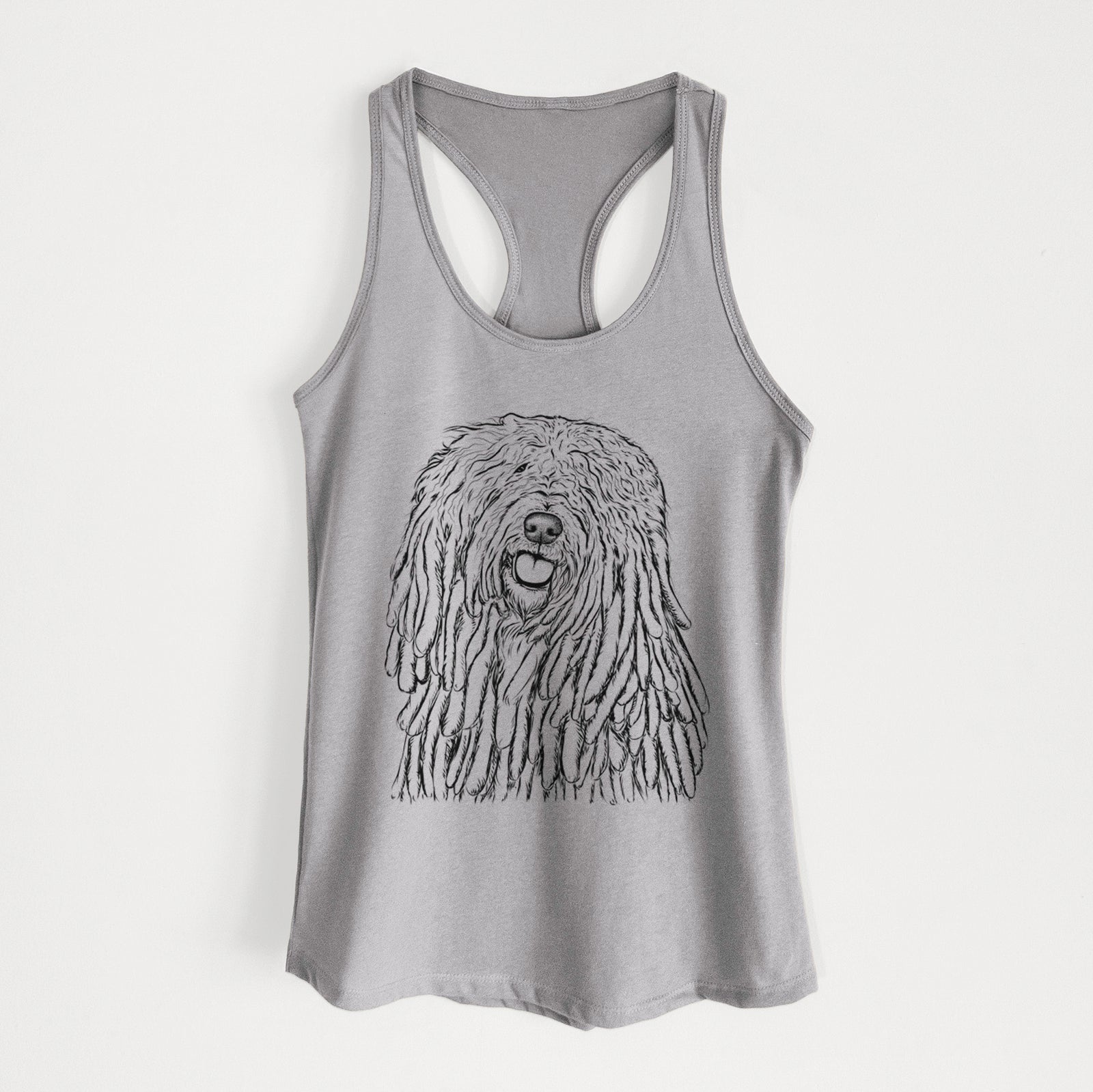 Hand-drawn sketch of Barry the Komondor on a Heather Grey Women's racerback tanktop