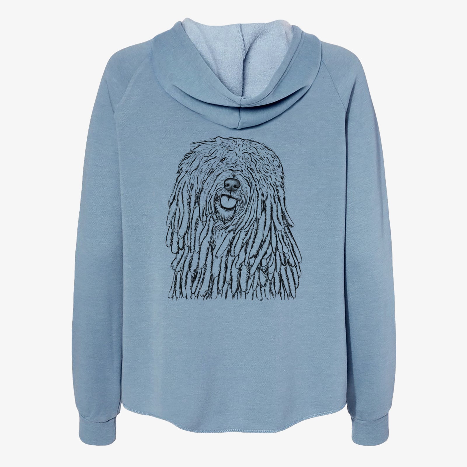 Hand-drawn sketch of Barry the Komondor on a Misty Blue Women's cali wave zip-up sweatshirt