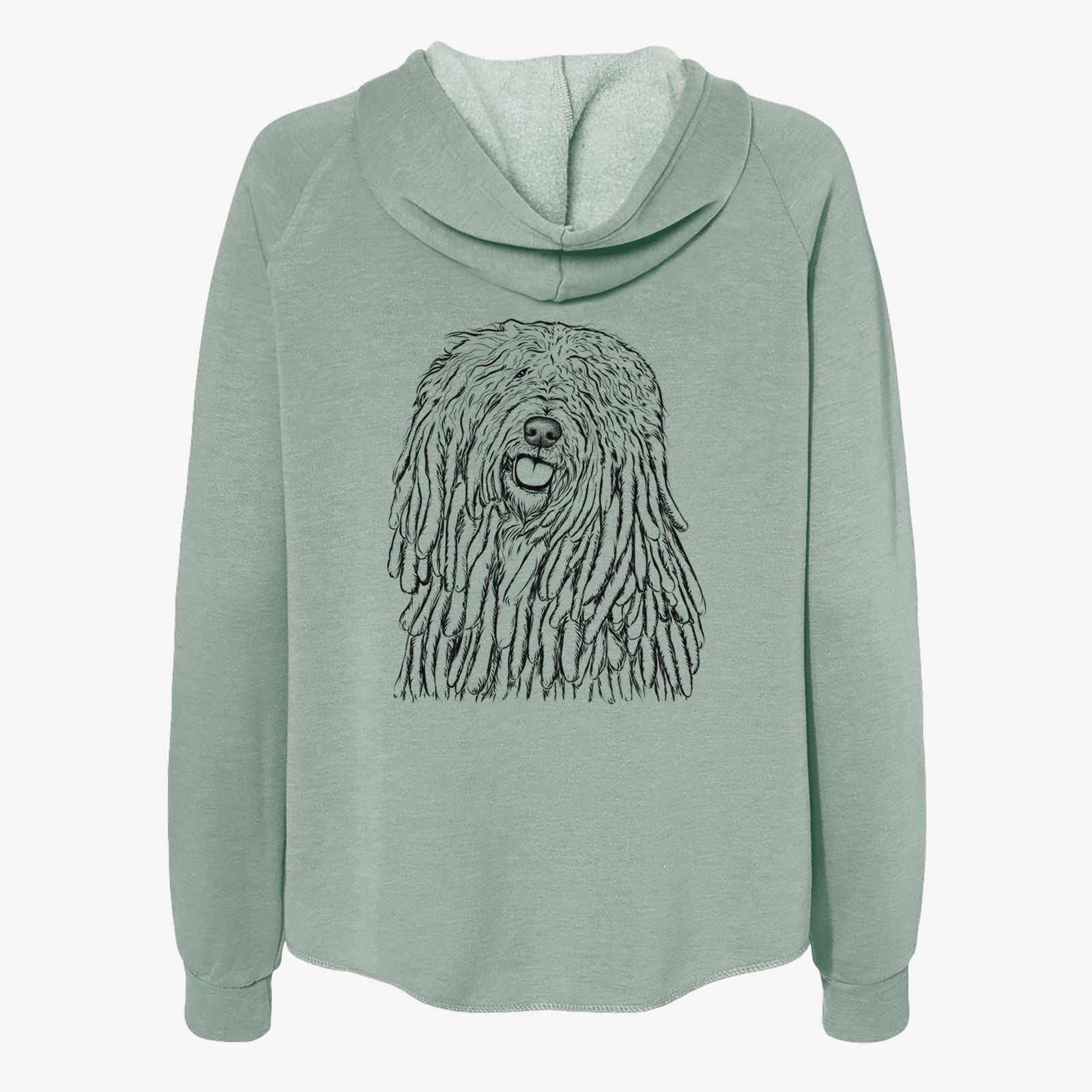 Hand-drawn sketch of Barry the Komondor on a Sage Women's cali wave zip-up sweatshirt