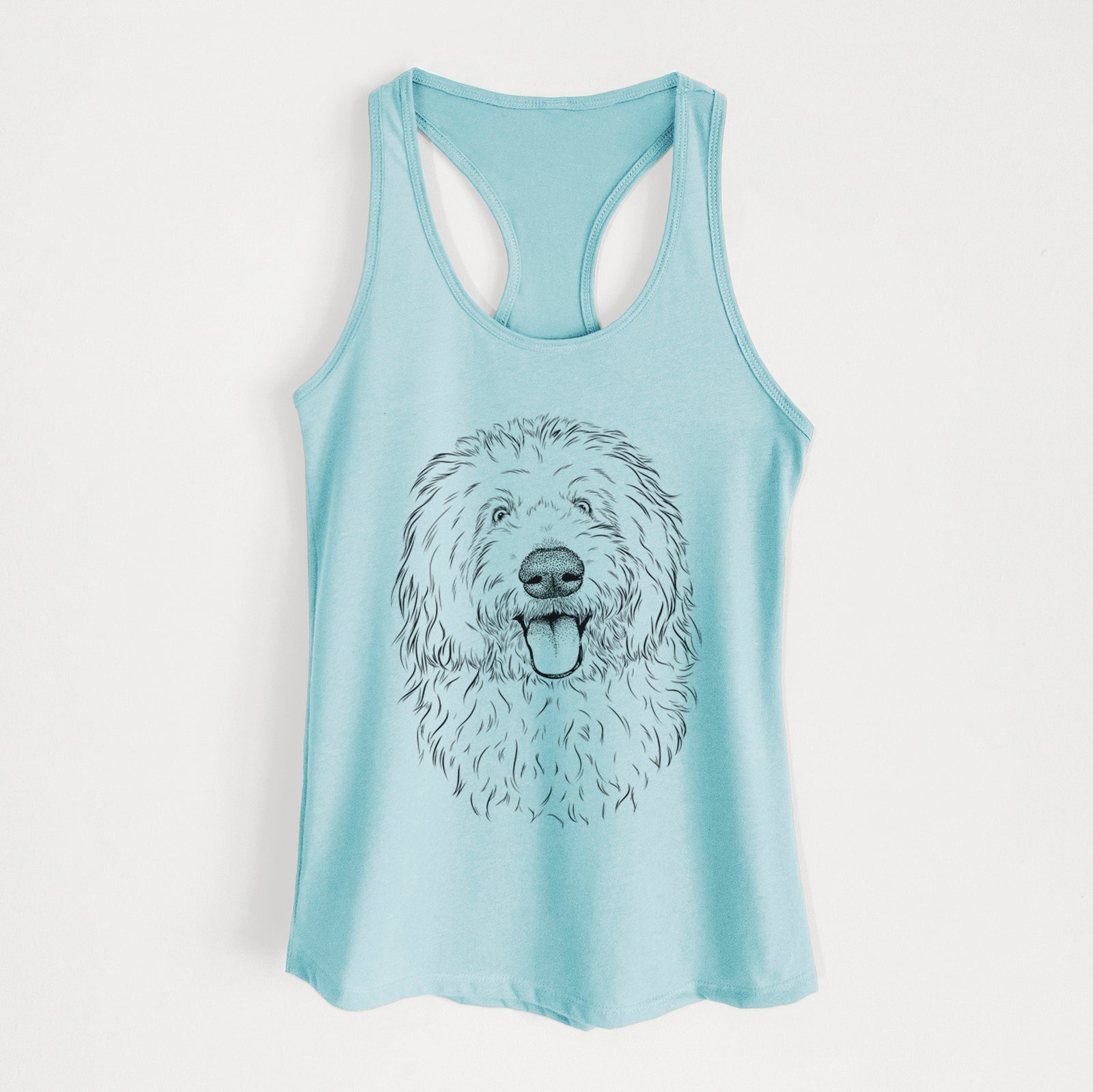 Hand-drawn sketch of Barry the Old English Sheepdog on a Cancun Blue Women's racerback tanktop
