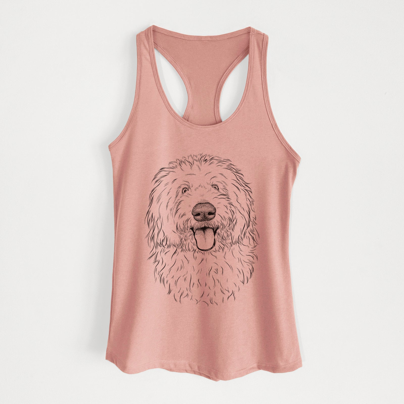 Hand-drawn sketch of Barry the Old English Sheepdog on a Desert Pink Women's racerback tanktop
