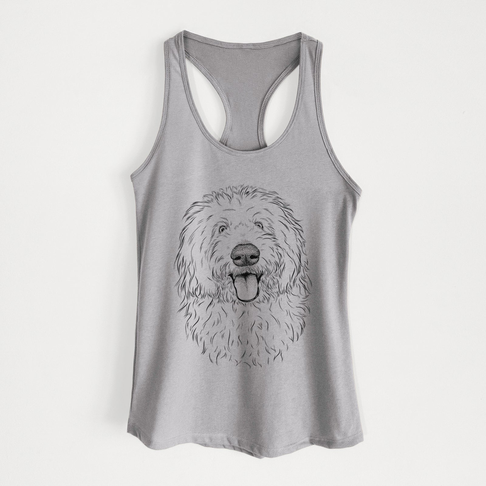 Hand-drawn sketch of Barry the Old English Sheepdog on a Heather Grey Women's racerback tanktop