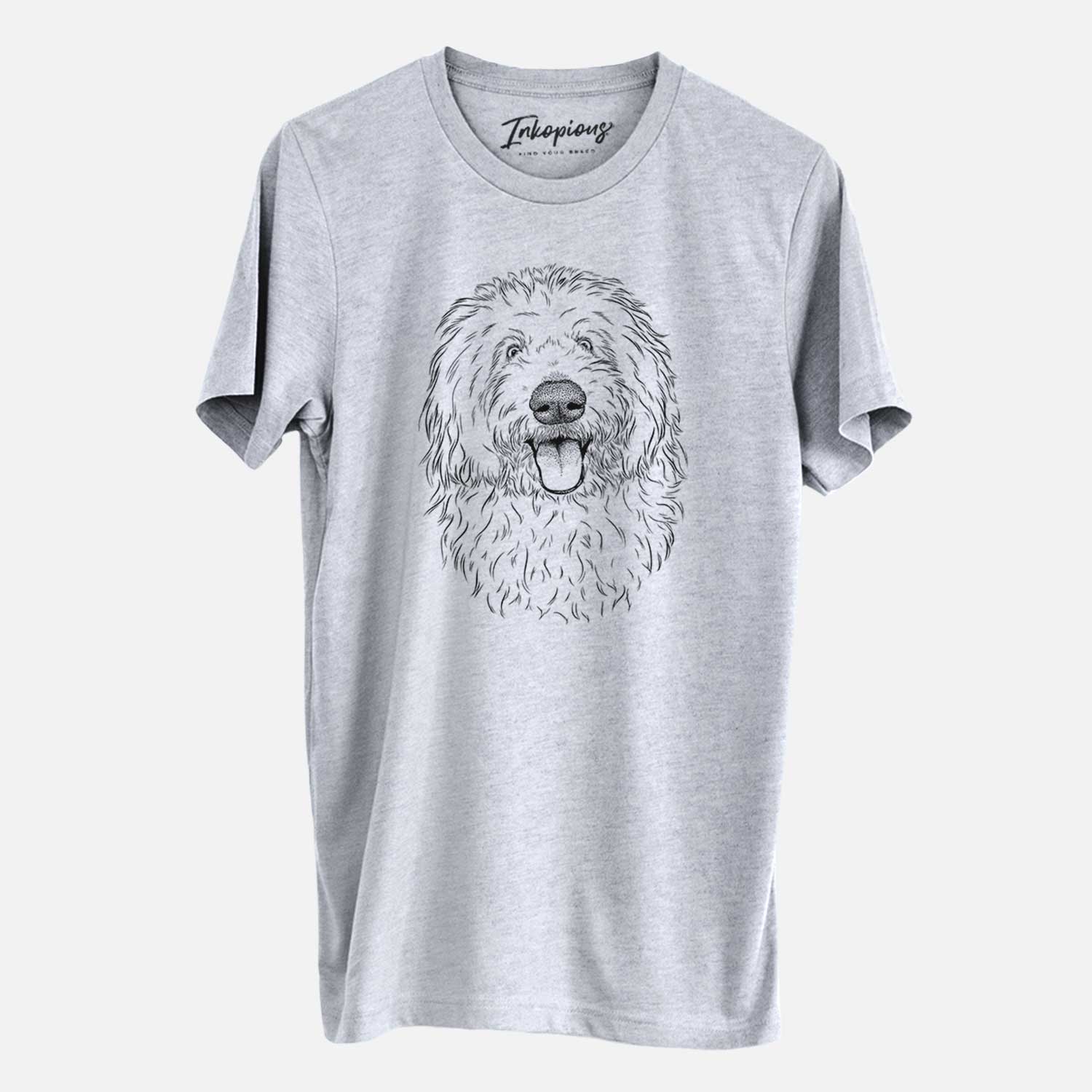 Hand-drawn sketch of Barry the Old English Sheepdog on a Grey Unisex crewneck