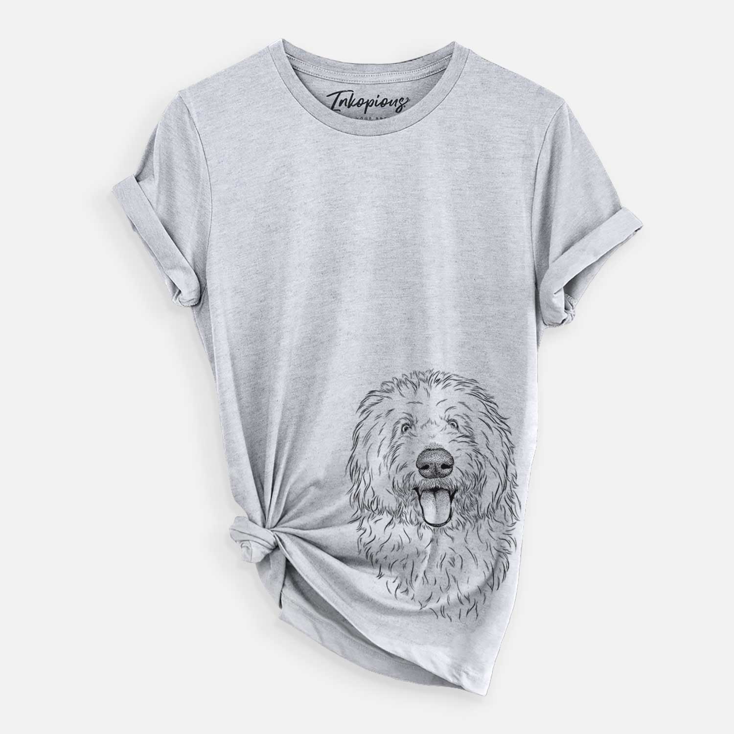 Hand-drawn sketch of Barry the Old English Sheepdog on a Grey Unisex crewneck