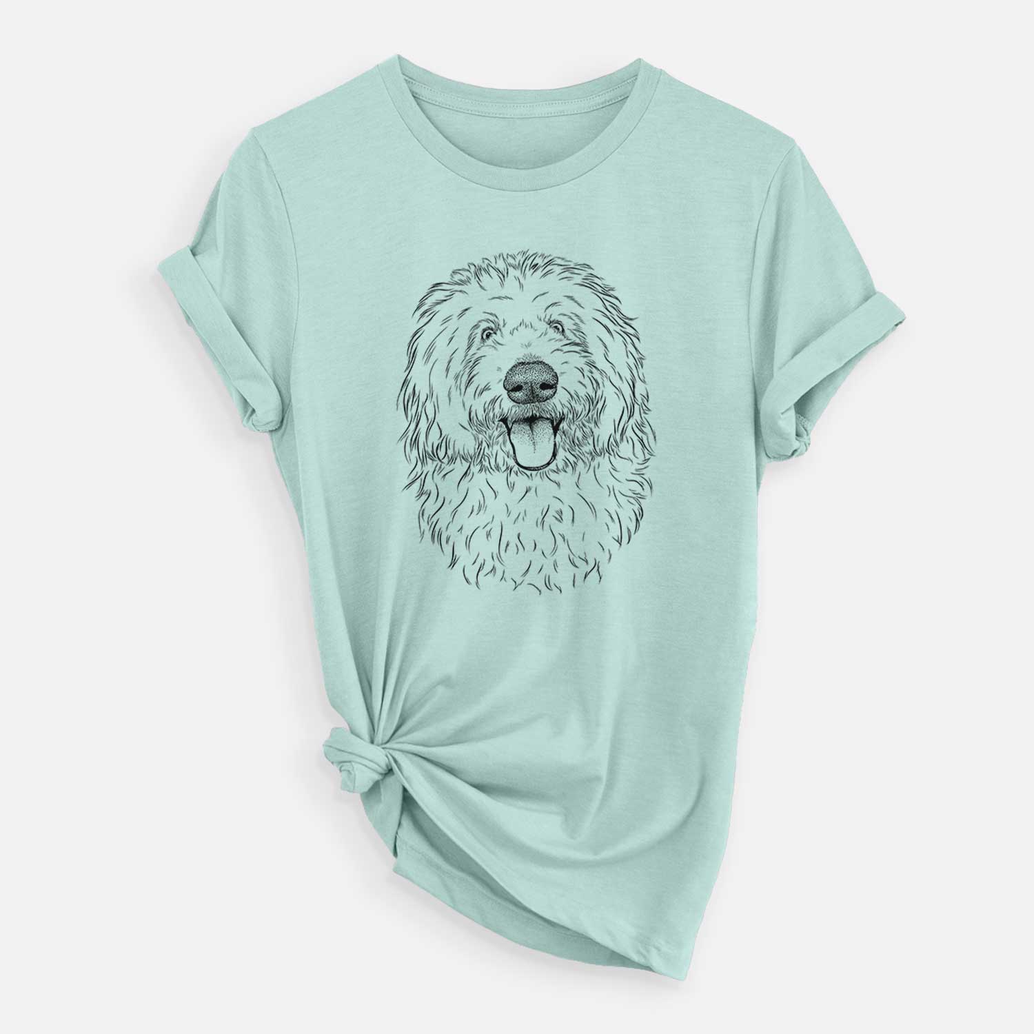 Hand-drawn sketch of Barry the Old English Sheepdog on a Heather Sage Unisex crewneck