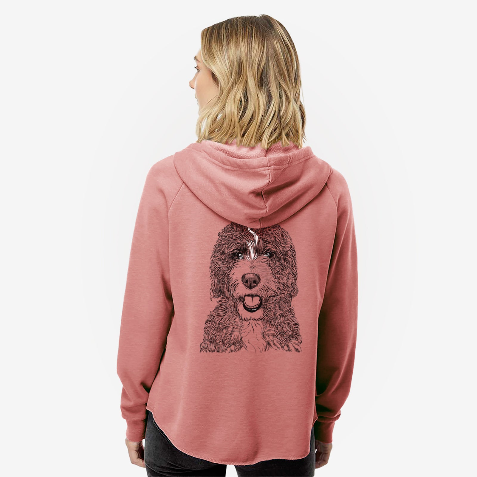 Hand-drawn sketch of Bash the Bernedoodle on a Dusty Rose Women's cali wave zip-up sweatshirt