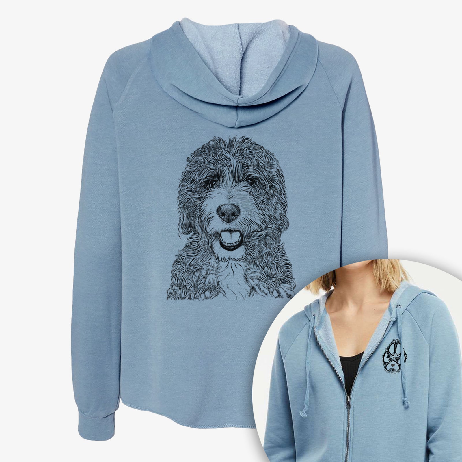 Hand-drawn sketch of Bash the Bernedoodle on a Women's cali wave zip-up sweatshirt, shown with icons of the other available costume styles