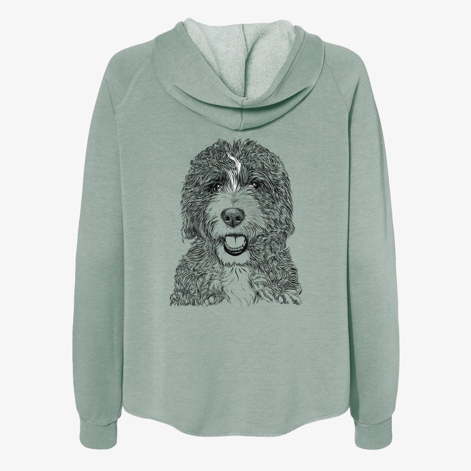 Hand-drawn sketch of Bash the Bernedoodle on a Sage Women's cali wave zip-up sweatshirt