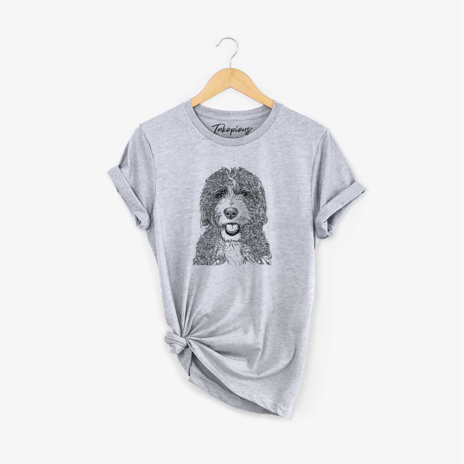 Hand-drawn sketch of Bash the Bernedoodle on a Grey Unisex crewneck