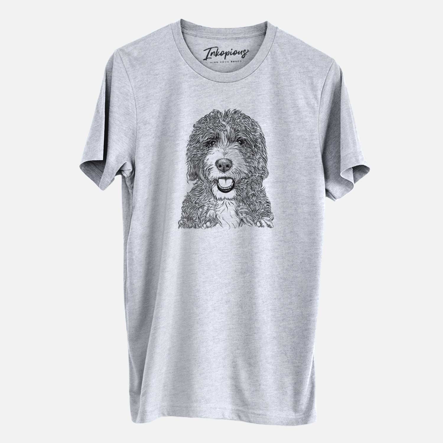 Hand-drawn sketch of Bash the Bernedoodle on a Grey Unisex crewneck